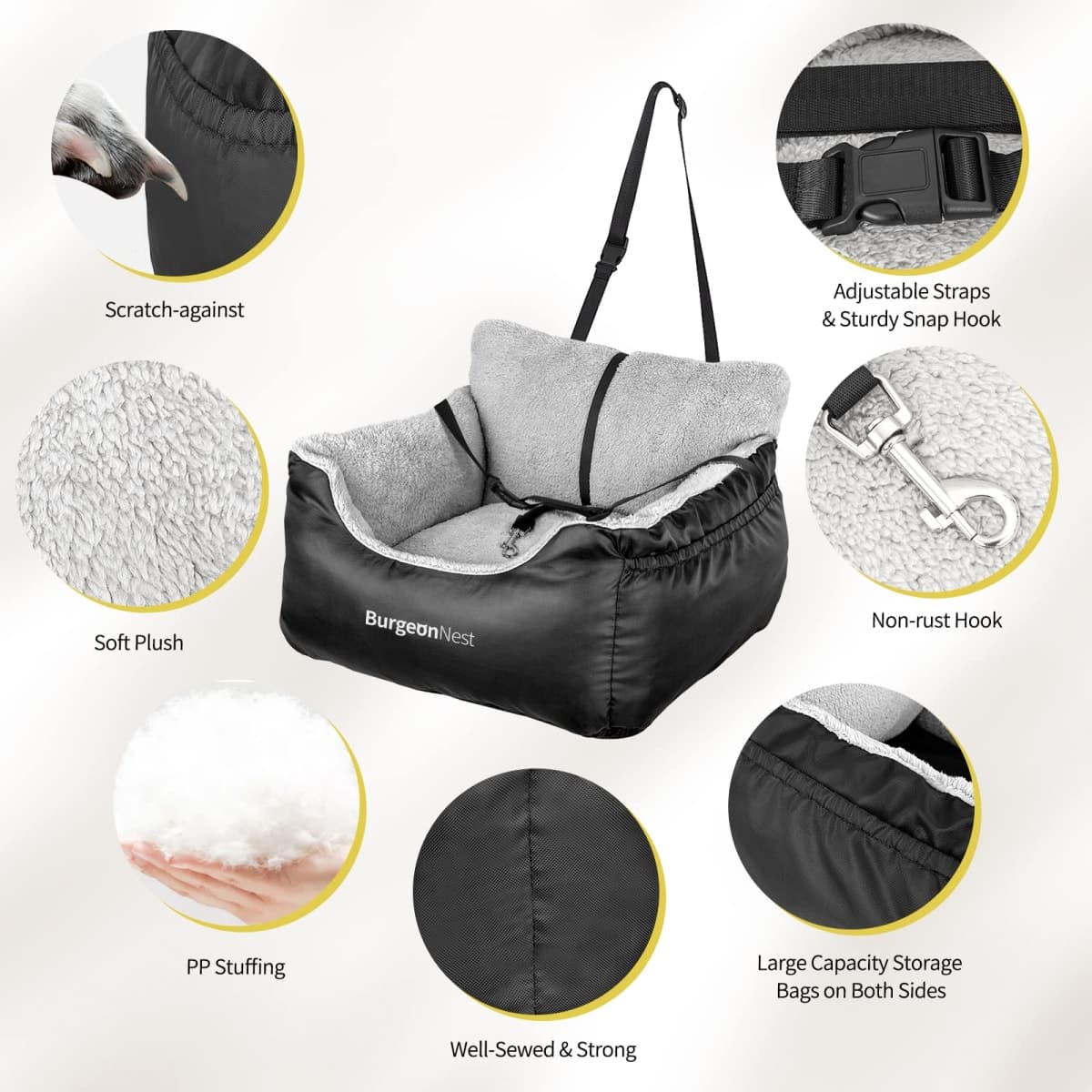 BurgeonNest Dog Car Seat for Small Dogs, Fully Detachable and Washable Cat Carseats Under 25 lbs, Soft Pet Booster Seats with Storage Pockets and Clip-On Leash Portable Car Travel Carrier Bed, Black thumbnail 4