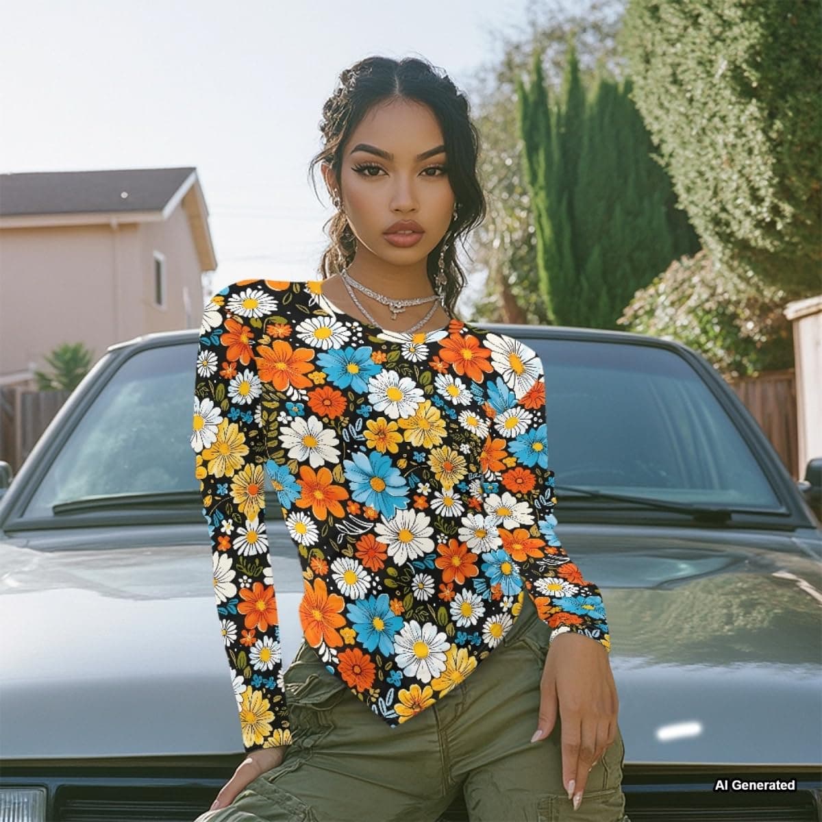 Xsehusvy Hippie Floral Women’s Tops Long Sleeve Basic Tees Slim Fit Irregular Tops Casual Fashion Crew Neck T-Shirts Basic Going Out Tops Casual Shirts for Woman thumbnail 2