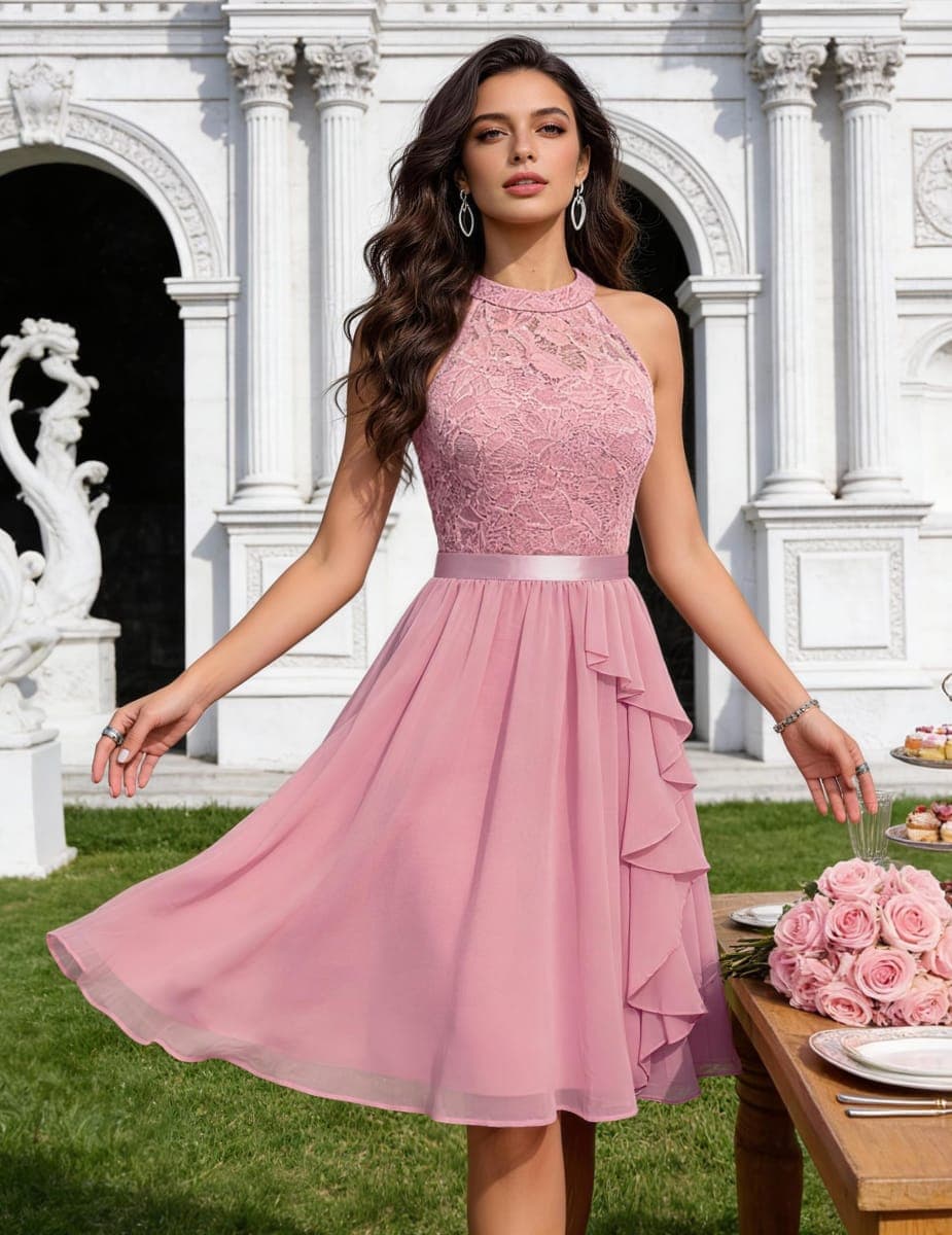 Wedtrend Women's Bridesmaid Dresses, Halter Sleeveless Cocktail Dress Ruffle A Line Short Prom Dress 2025, Blush, Small thumbnail 3