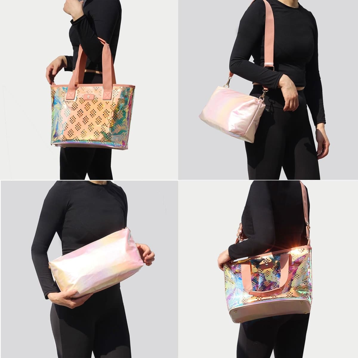 Iridescent Soap Bubble Clear Tote Bag – Stadium Approved with Bag-in-Bag Shoulder Design for Concerts, Beaches, Events, A Pink Orange, Large thumbnail 2