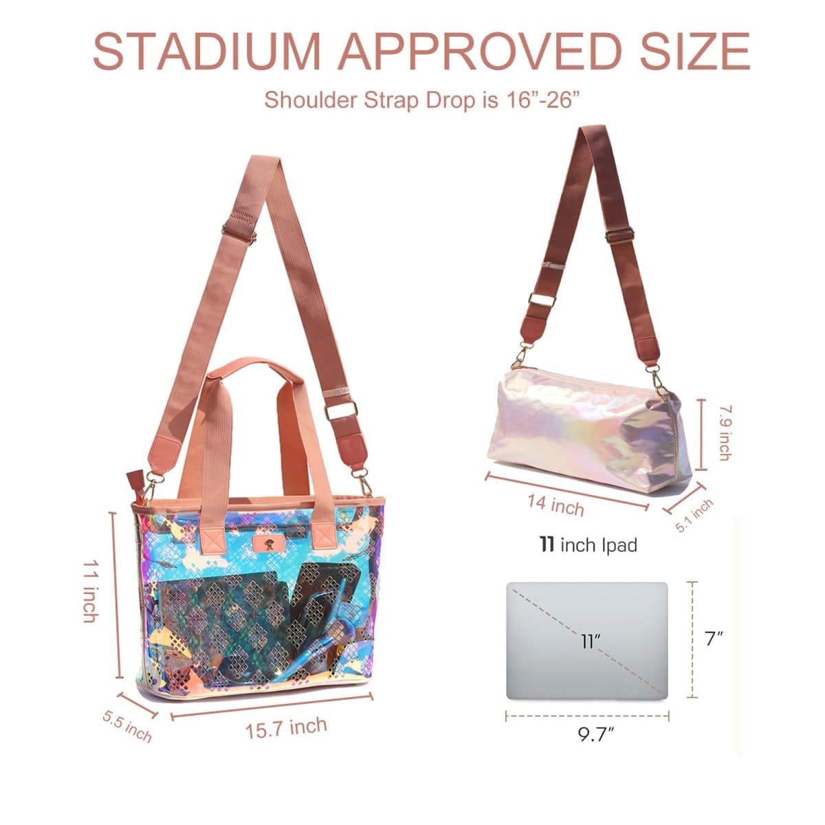 Iridescent Soap Bubble Clear Tote Bag – Stadium Approved with Bag-in-Bag Shoulder Design for Concerts, Beaches, Events, A Pink Orange, Large thumbnail 3
