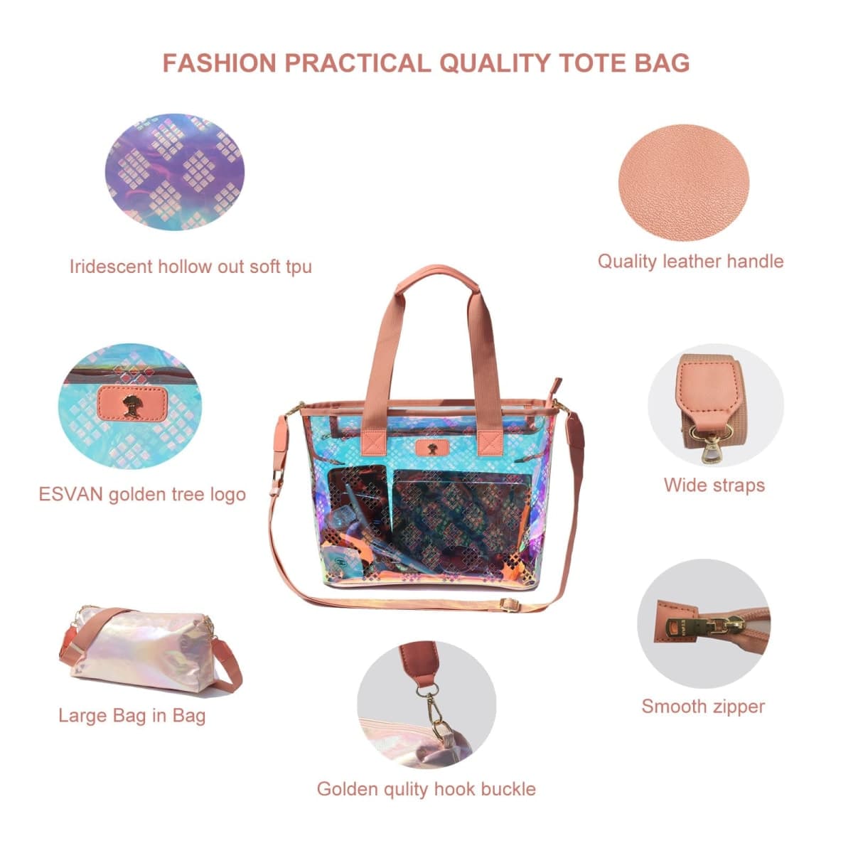 Iridescent Soap Bubble Clear Tote Bag – Stadium Approved with Bag-in-Bag Shoulder Design for Concerts, Beaches, Events, A Pink Orange, Large thumbnail 4