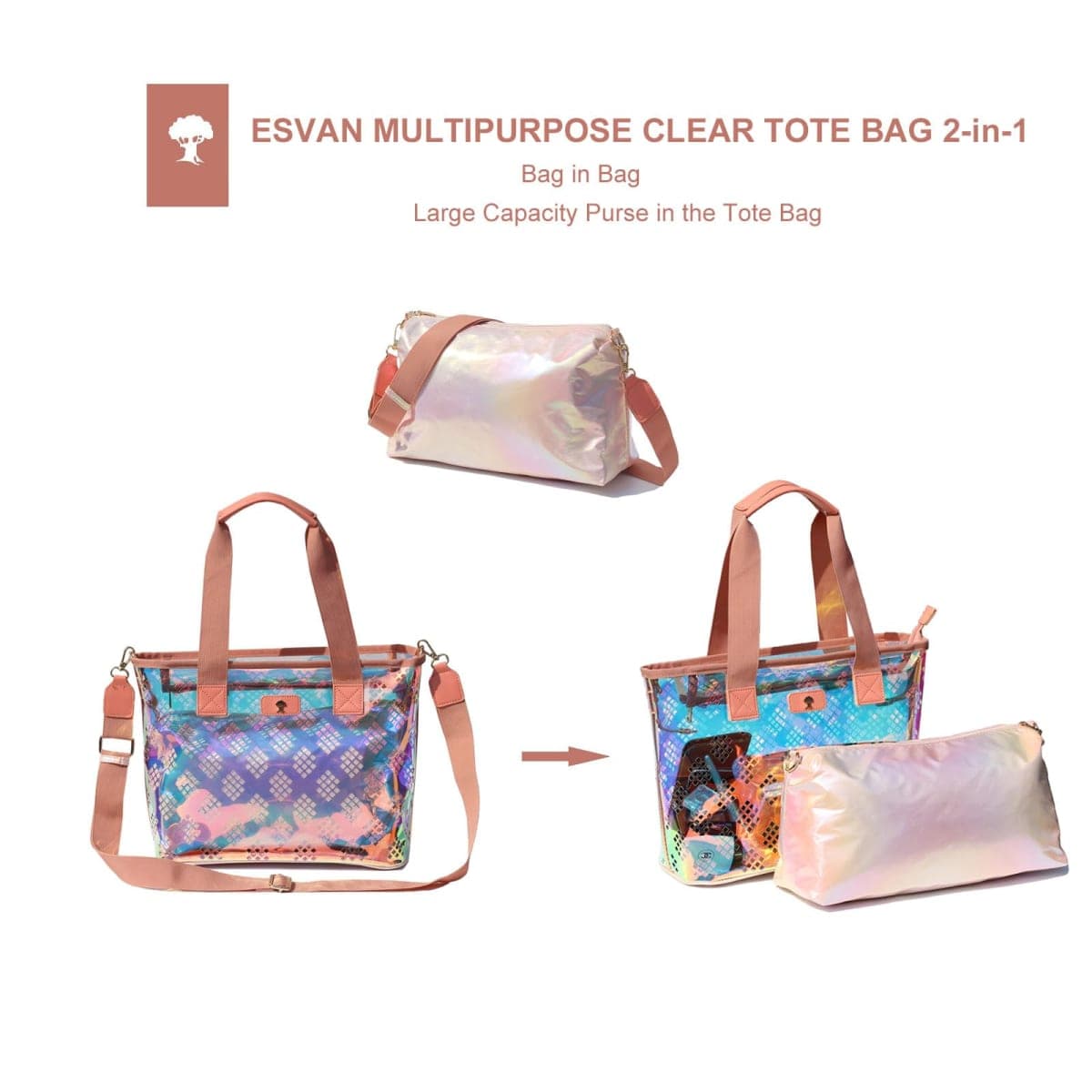 Iridescent Soap Bubble Clear Tote Bag – Stadium Approved with Bag-in-Bag Shoulder Design for Concerts, Beaches, Events, A Pink Orange, Large thumbnail 5