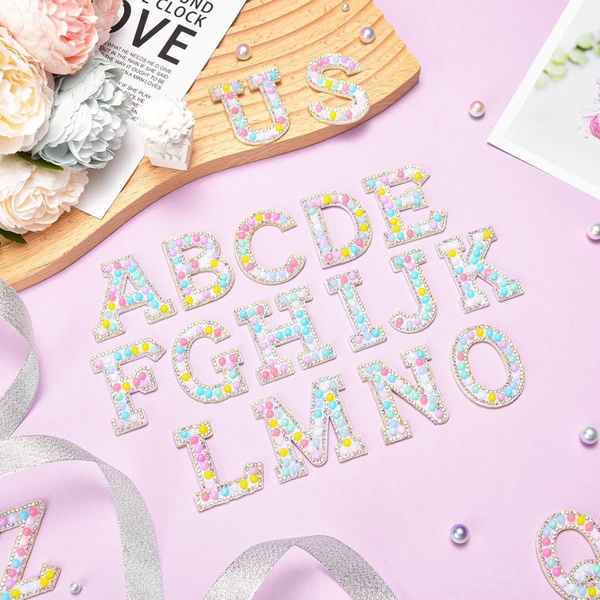 Jongdari Iron on Letters Pearl Letter Patches, 26pcs A-Z Glitter Pearls Rhinestone Sew on Alphabet Patches for DIY Clothes Bags Hats (Macaron Color) thumbnail 2