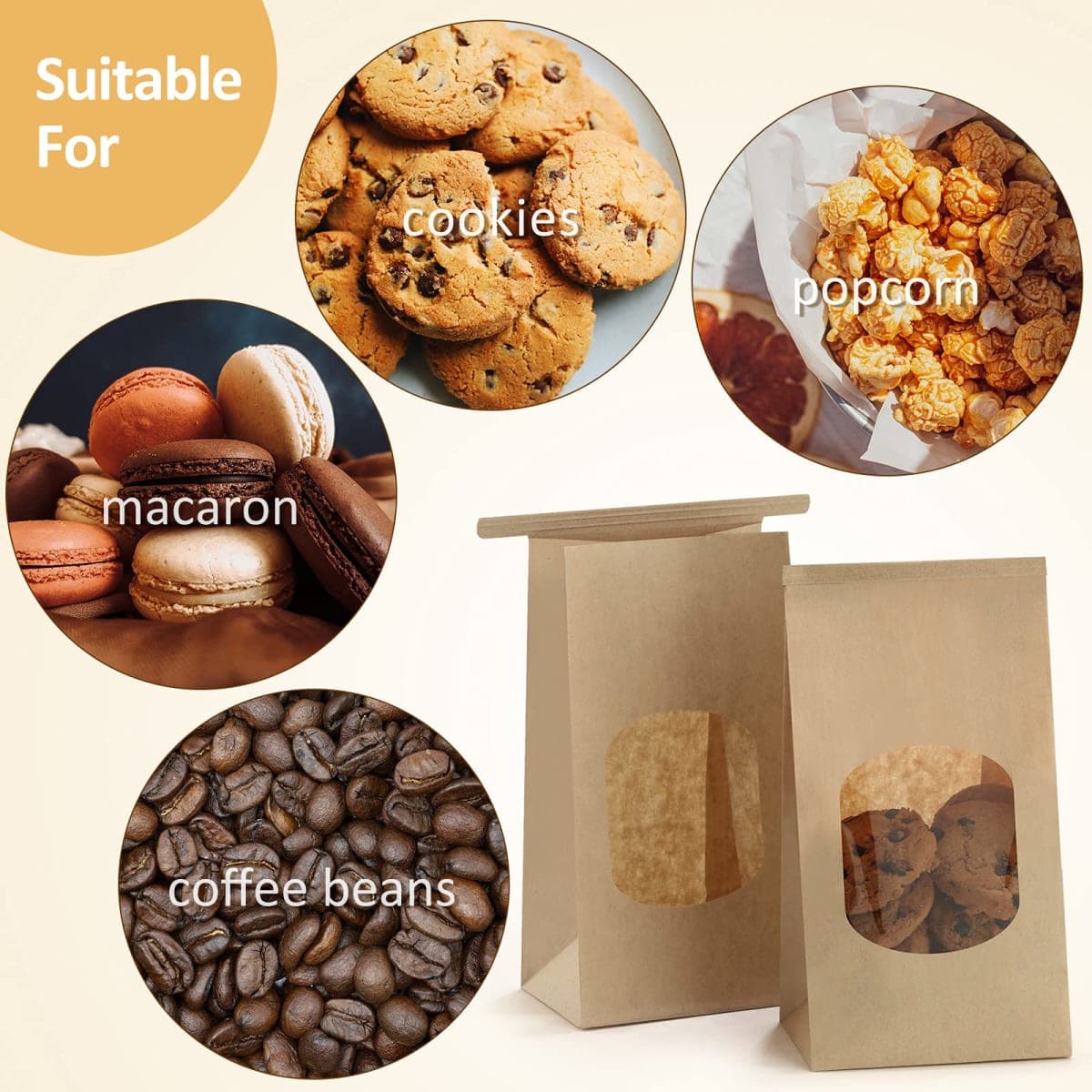 BagDream Small Bakery Bags with Window 100Pcs 3.54x2.36x6.7 Inches Tin Tie Tab Lock Kraft Brown Window Paper Bags for Coffee Bean, Cookies, Treat, Snack thumbnail 3