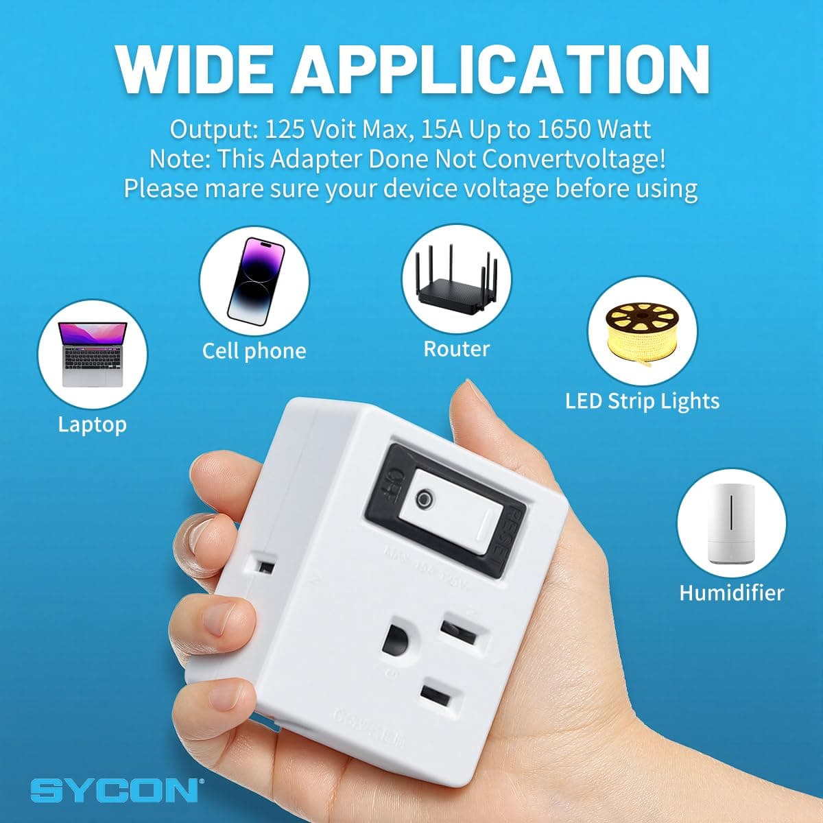 SYCON 3 Outlet Wall Adapter with a Power Switch,2-Prong to 3-Prong Wall Plug or Travel Home Hotel Office-White - 2 Pack thumbnail 4