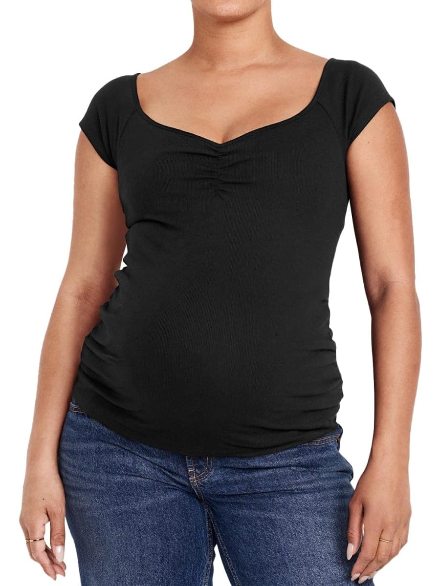 Tankaneo Womens V Neck Maternity Tops Cap Sleeve Fitted Breastfeeding T Shirts Summer Pleated Pregnancy Clothes Black thumbnail 2