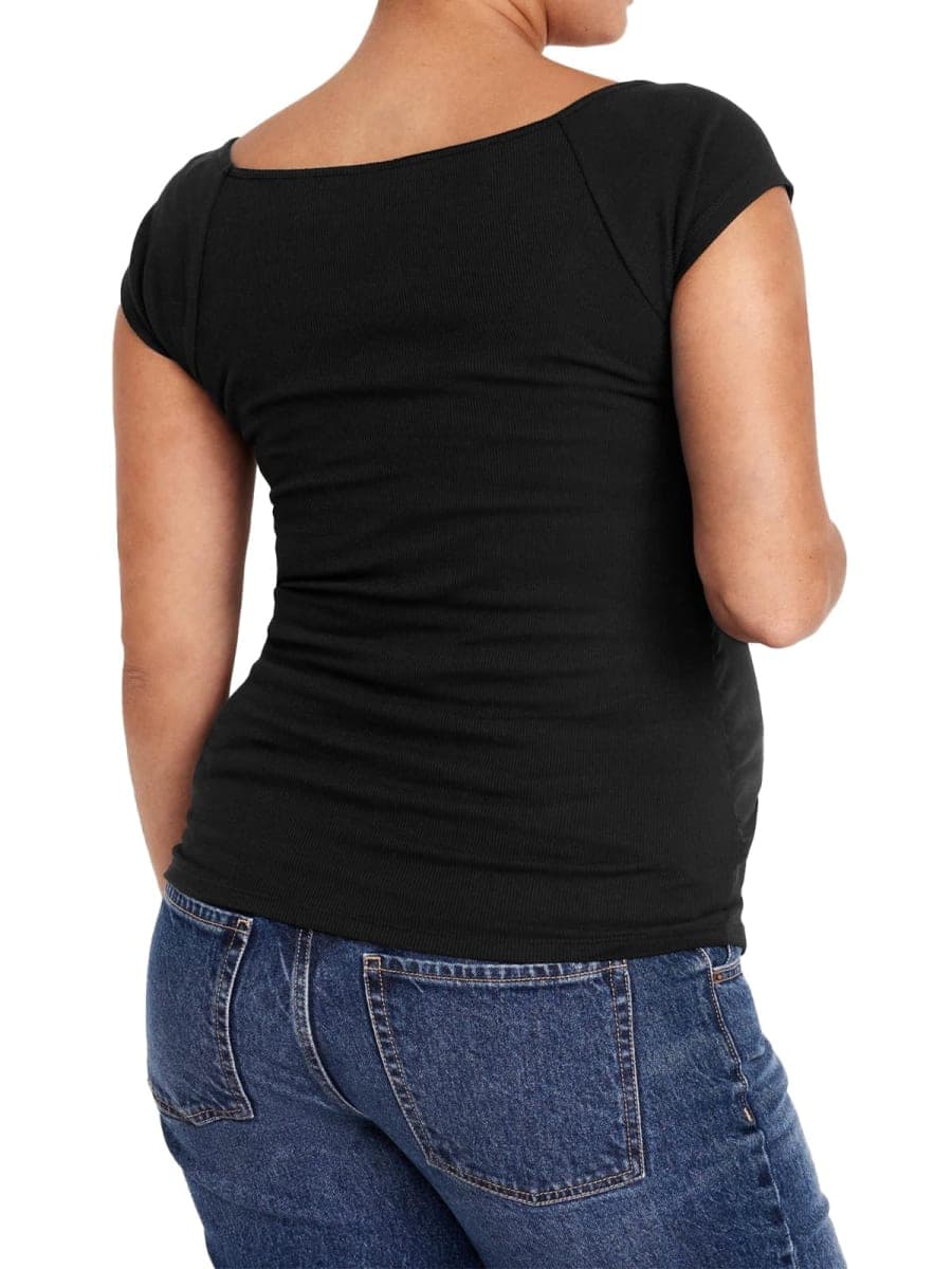 Tankaneo Womens V Neck Maternity Tops Cap Sleeve Fitted Breastfeeding T Shirts Summer Pleated Pregnancy Clothes Black thumbnail 3