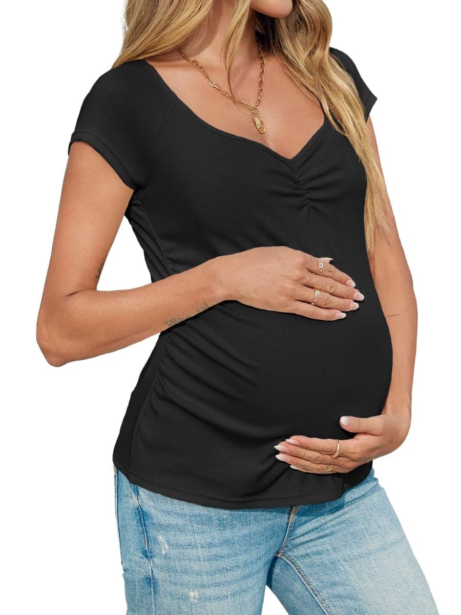 Tankaneo Womens V Neck Maternity Tops Cap Sleeve Fitted Breastfeeding T Shirts Summer Pleated Pregnancy Clothes Black thumbnail 4