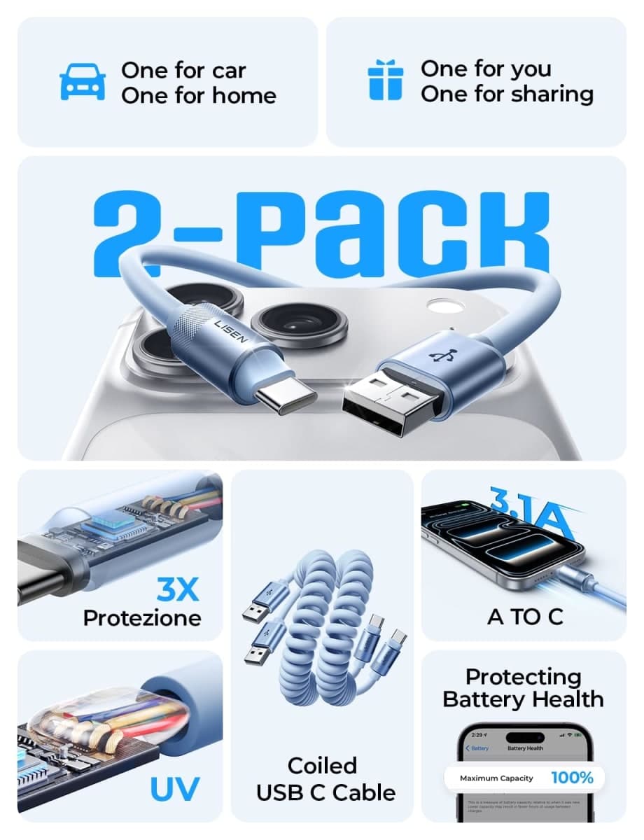 LISEN Coiled USB C Cable, 2 Pack for Android Auto & CarPlay Cable, Short USB A to USB C Cable Compatible with iPhone 17/16/15, Samsung Galaxy S25/S24/S23 A15/A14, Google Pixel 9/8, Blue 4FT thumbnail 2