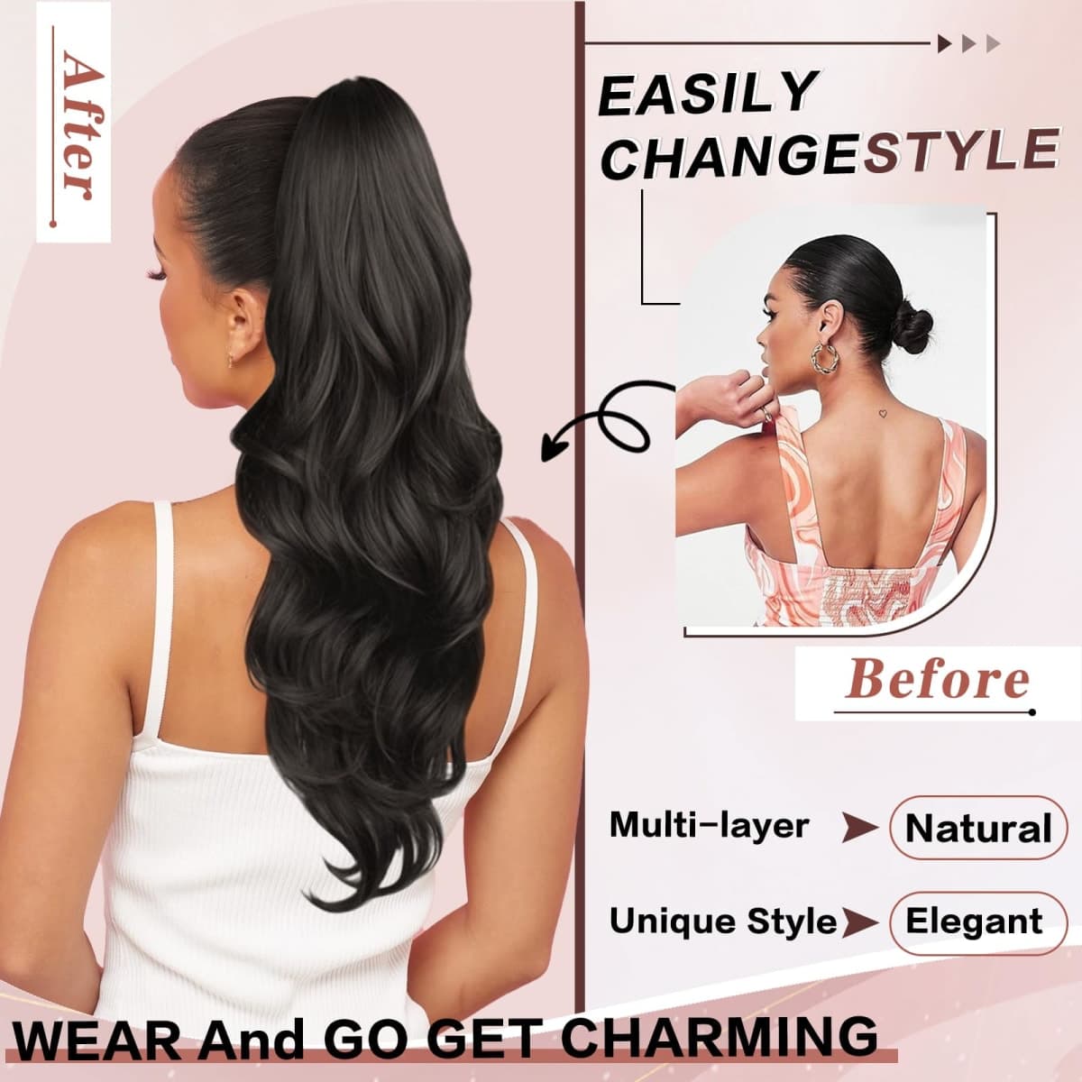 CHRSHN Ponytail Extension, Drawstring Ponytail Extension for Women 23 Inch Long Dark Brown Wavy Pony Tails Hair Extensions Synthetic Clip in Ponytail Hairpiece for Women thumbnail 2