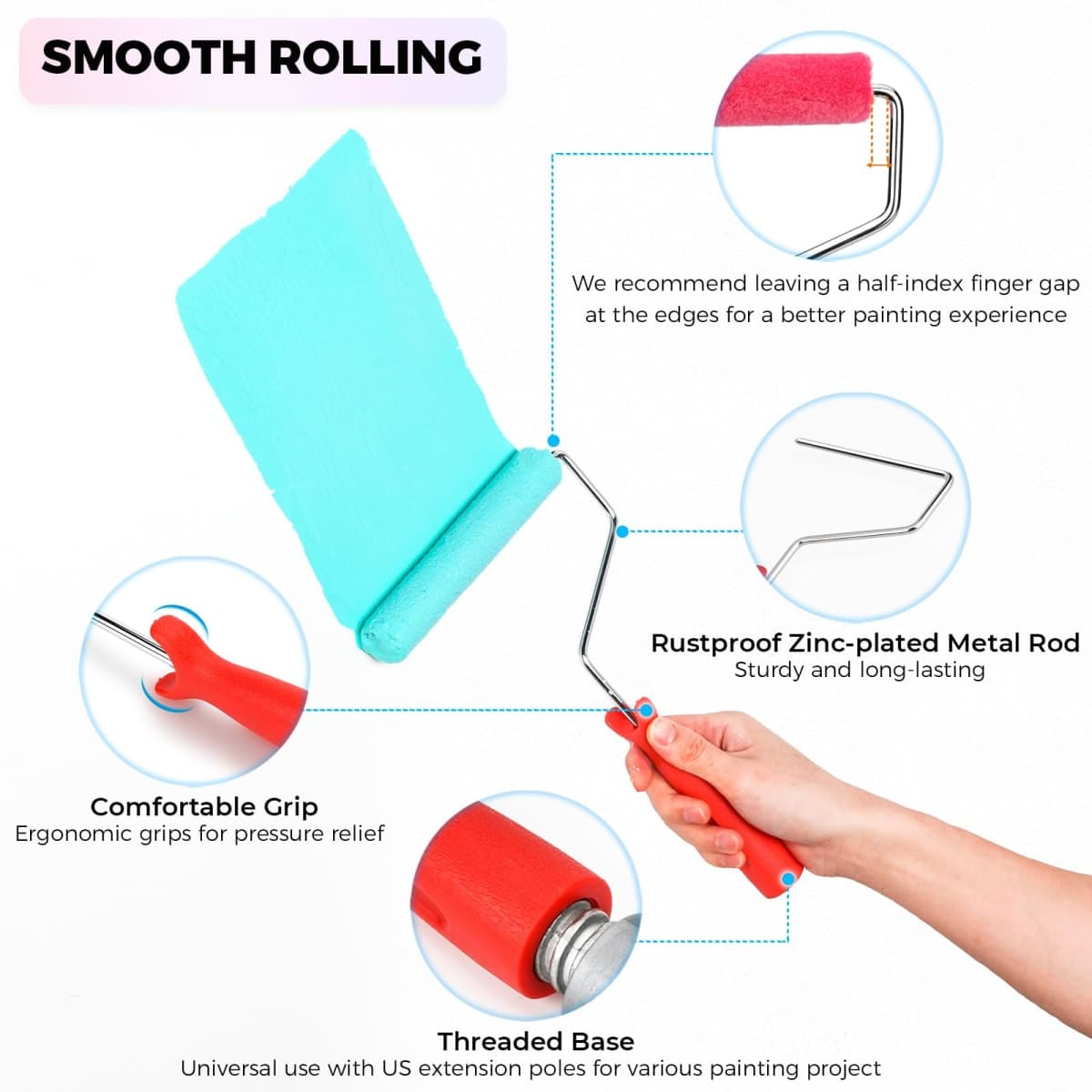 HexDorn 6 Inch Mohair Paint Roller Kit, 1/4" Nap, 9 Pack Lint-Free Small Paint Roller Covers with Frame, Smooth Mini Rollers for Painting Walls, Cabinets, Door, Furniture, Trim, All Paints & Stains thumbnail 3