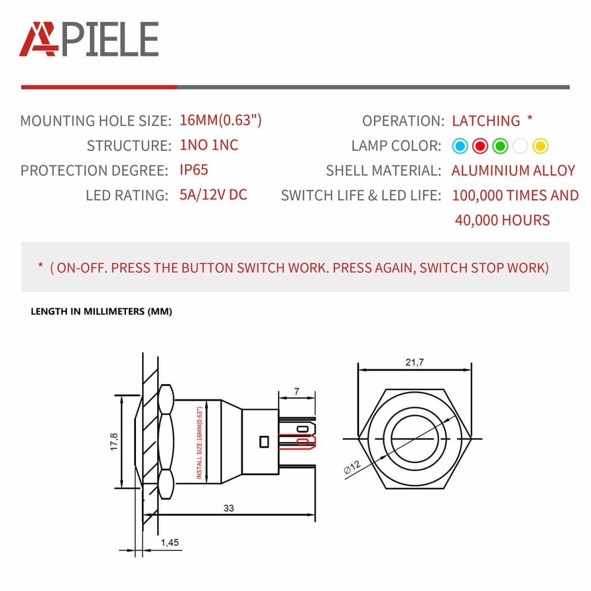 APIELE 16mm Latching Push Button Switch 12V DC On Off Black Shell with LED Angel Eye Head for 0.63" Mounting Hole with Wire Socket Plug Self-Locking (Red/Black Shell) thumbnail 2
