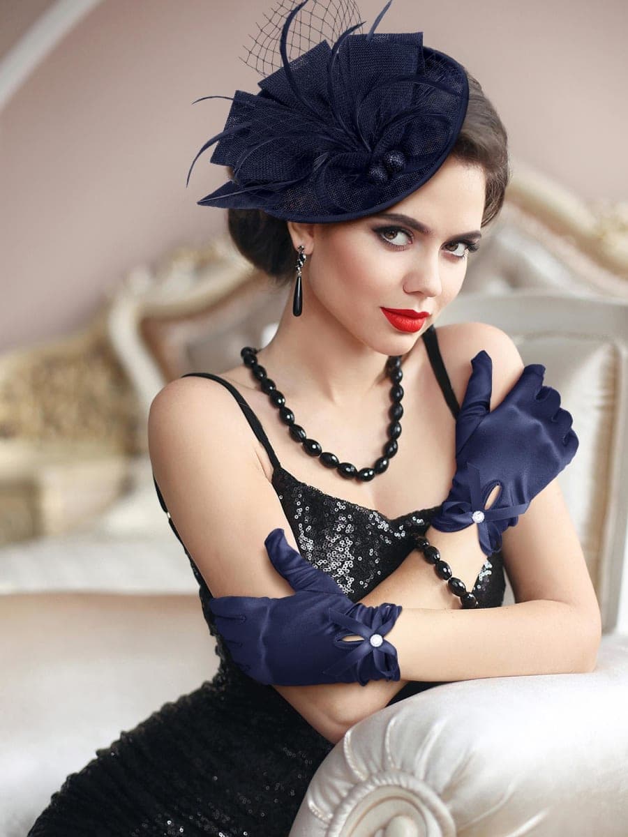 Geyoga 50s Fascinator Hat for Women Funeral Veil Hat Pillbox Cocktail Tea Party Headpiece and Lace Glove, Navy, Medium thumbnail 2