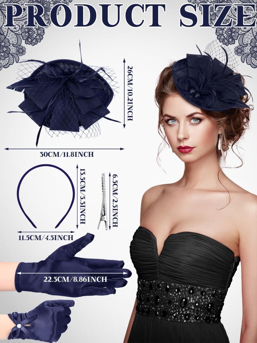 Geyoga 50s Fascinator Hat for Women Funeral Veil Hat Pillbox Cocktail Tea Party Headpiece and Lace Glove, Navy, Medium thumbnail 3