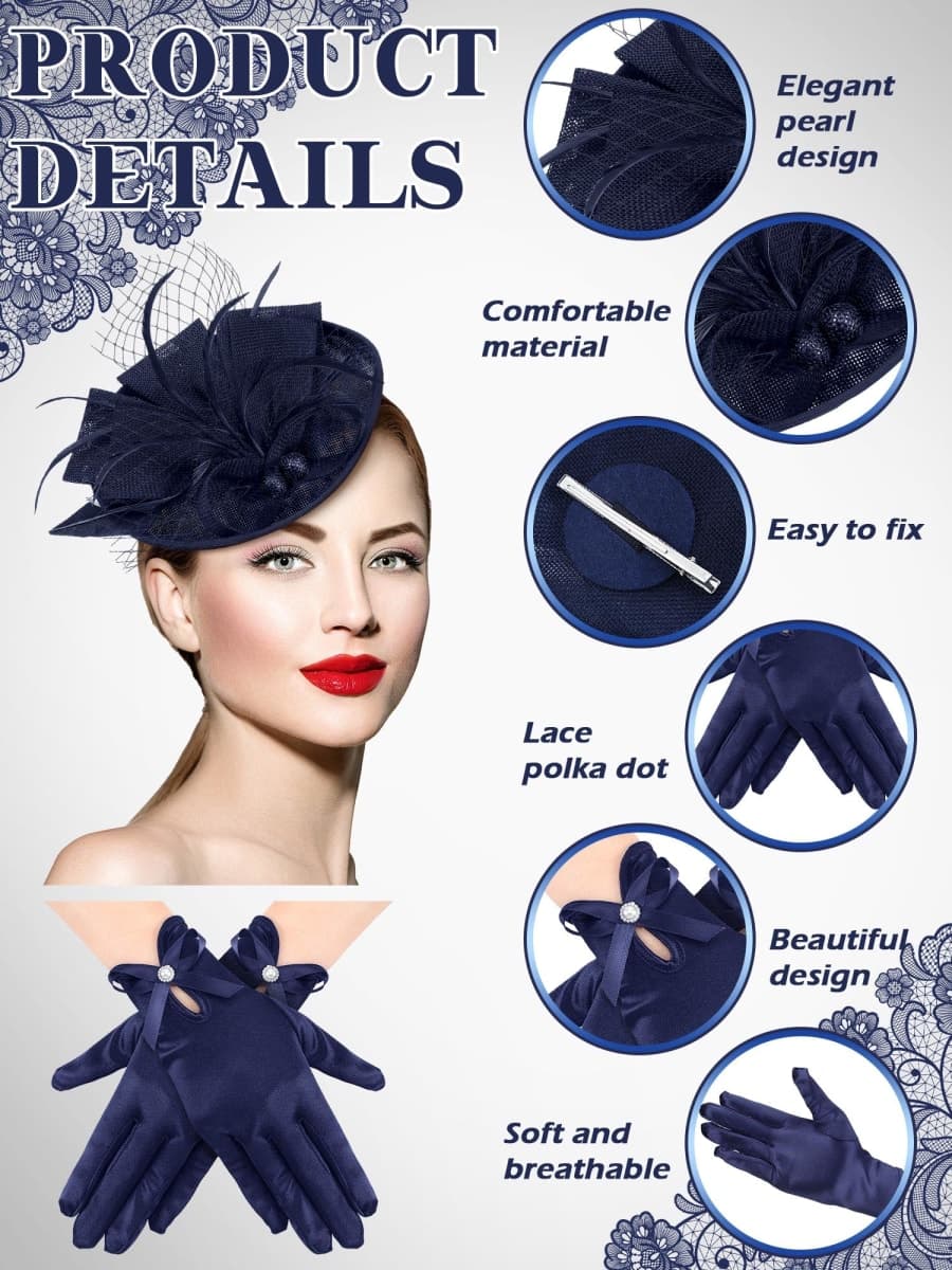 Geyoga 50s Fascinator Hat for Women Funeral Veil Hat Pillbox Cocktail Tea Party Headpiece and Lace Glove, Navy, Medium thumbnail 5