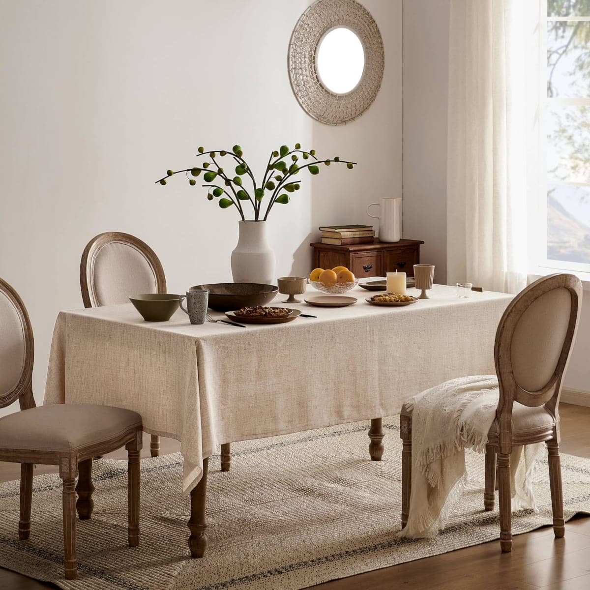 YZJZEDS Linen Tablecloth for Rectangle Table, Natural 60x104 Inch (Fit 6ft–7ft, Narrow Fit 8ft Rectangle Table) Farmhouse Neutral Tablecloth, Water Resistant Dining Tablecloths thumbnail 2