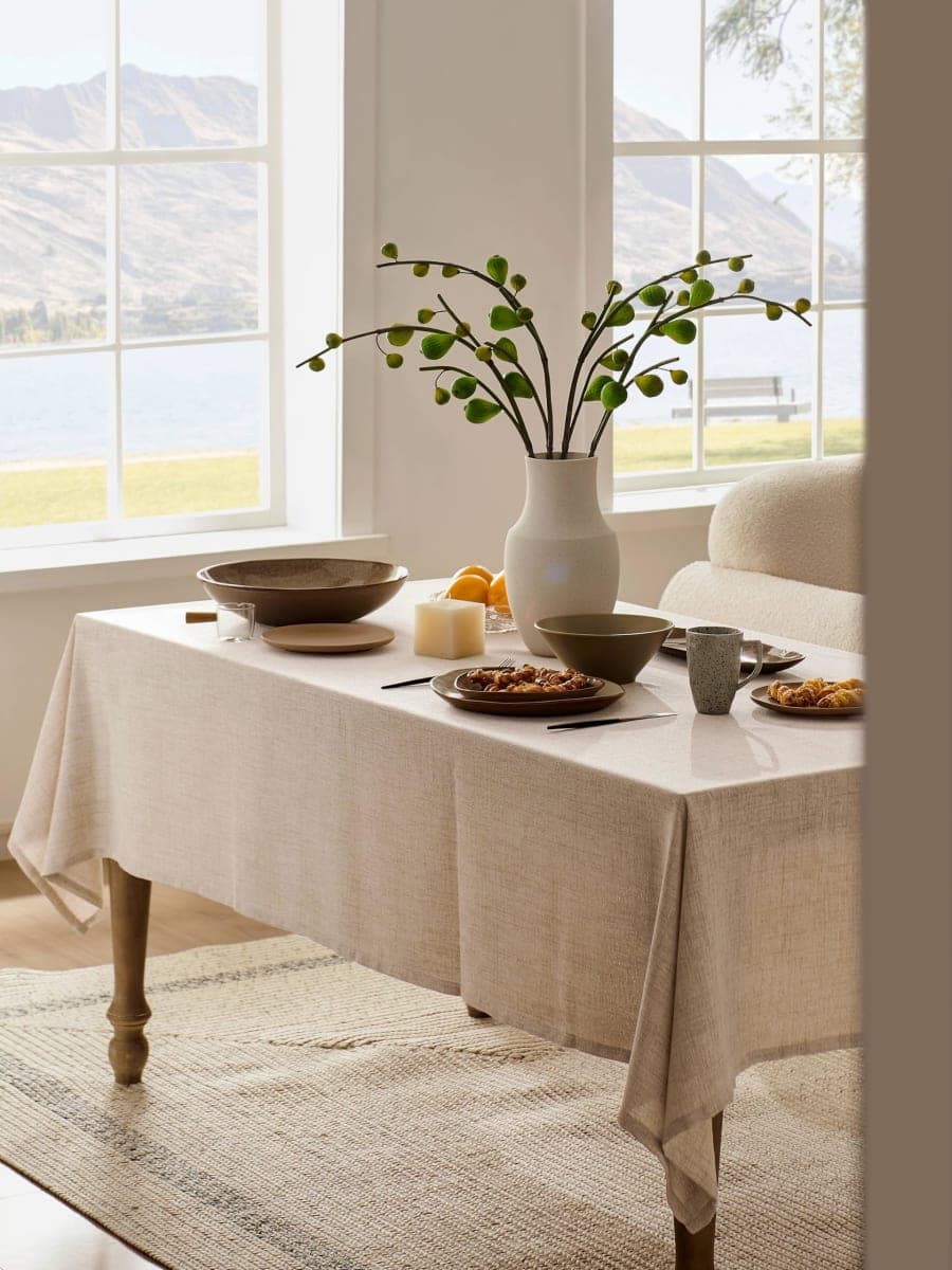 YZJZEDS Linen Tablecloth for Rectangle Table, Natural 60x104 Inch (Fit 6ft–7ft, Narrow Fit 8ft Rectangle Table) Farmhouse Neutral Tablecloth, Water Resistant Dining Tablecloths thumbnail 3