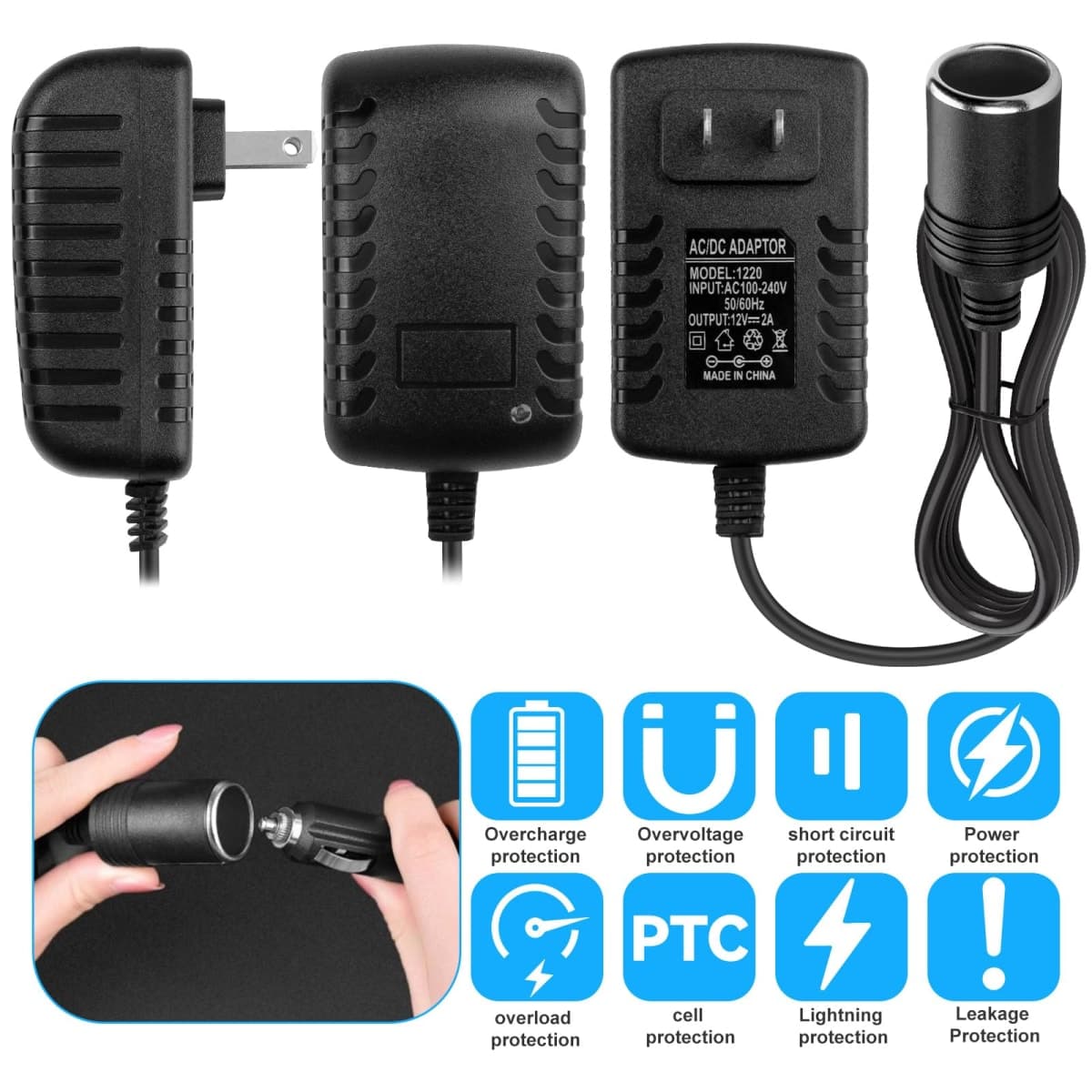 Herfair AC to DC Converter 2A 24W Car Cigarette Lighter Socket Adapter Power Cable 1 Pack thumbnail 2