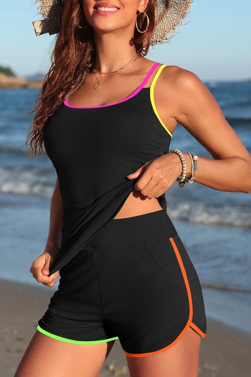 Women Tankini Swimsuit with Shorts - Two Piece Tummy Control Bathing Suit with Pockets 2025 Swimwear, Colorful Black, Large thumbnail 3