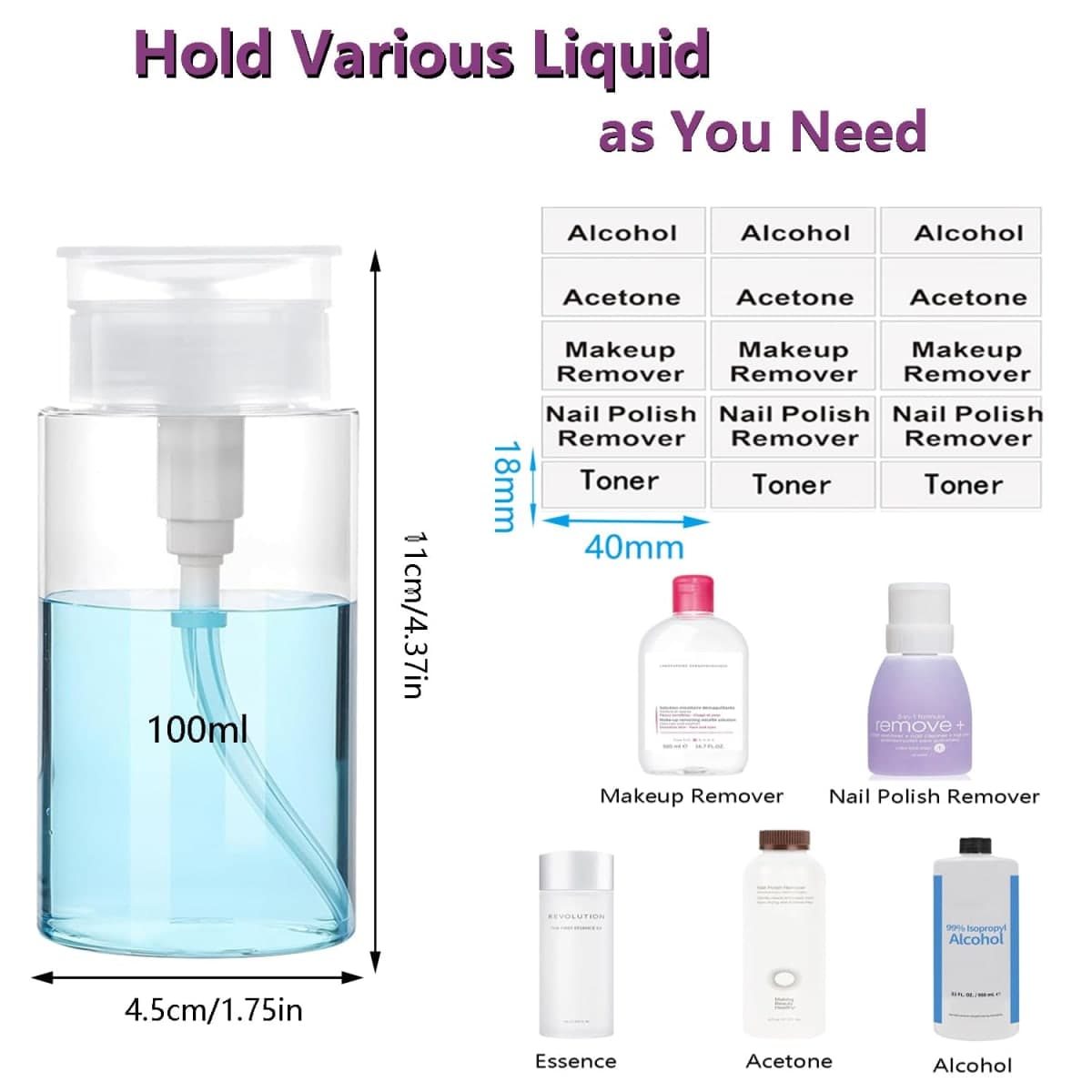 Push Down Pump Dispenser, 3.4oz Clear Pump Bottles with Alcohol, Acetone, Nail Polish Remover, Makeup Remover, Toner Stickers Empty Push Top Container for Liquid (100ml-2Pack) thumbnail 2