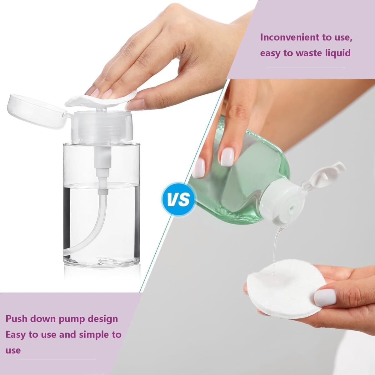 Push Down Pump Dispenser, 3.4oz Clear Pump Bottles with Alcohol, Acetone, Nail Polish Remover, Makeup Remover, Toner Stickers Empty Push Top Container for Liquid (100ml-2Pack) thumbnail 3