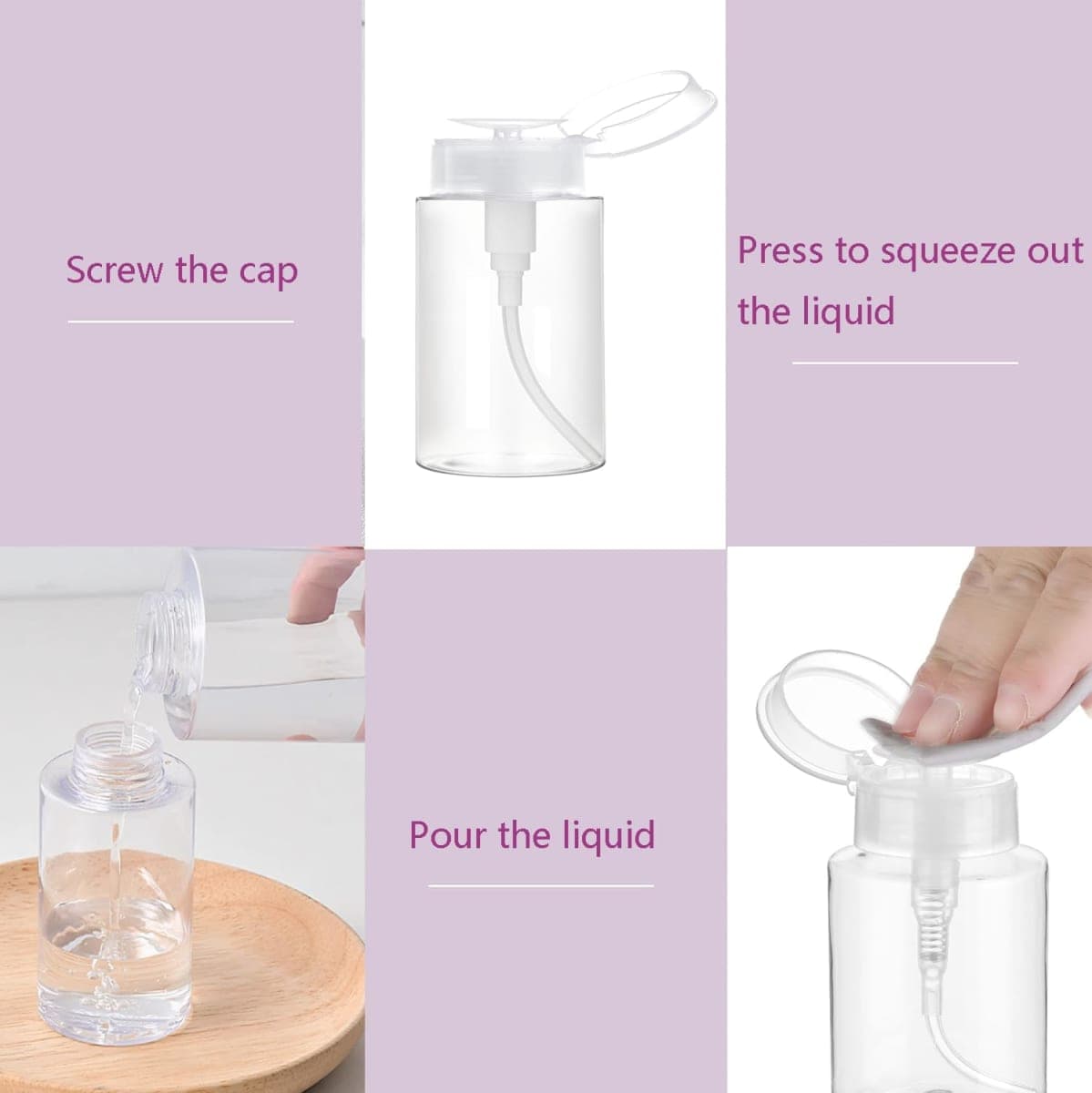 Push Down Pump Dispenser, 3.4oz Clear Pump Bottles with Alcohol, Acetone, Nail Polish Remover, Makeup Remover, Toner Stickers Empty Push Top Container for Liquid (100ml-2Pack) thumbnail 5