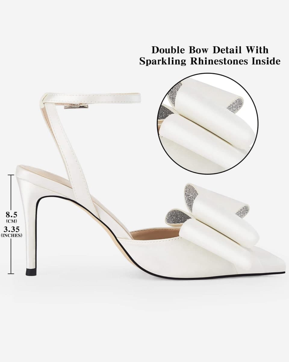Coutgo Bow Black Heels for Women Rhinestone Closed Toe High Heel Strappy Dress Wedding Bridal Pumps Shoes, Off-white, 6 thumbnail 2