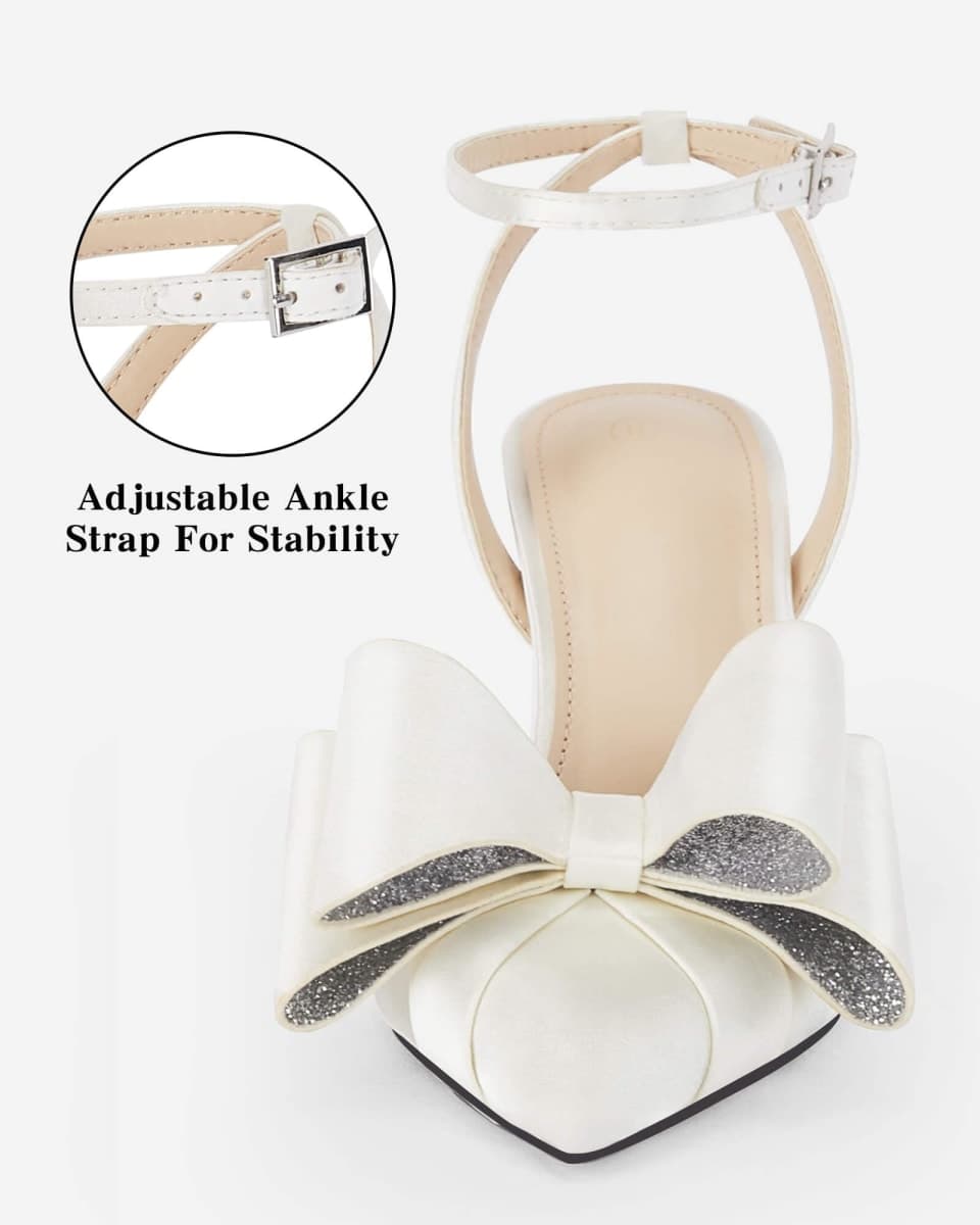 Coutgo Bow Black Heels for Women Rhinestone Closed Toe High Heel Strappy Dress Wedding Bridal Pumps Shoes, Off-white, 6 thumbnail 3