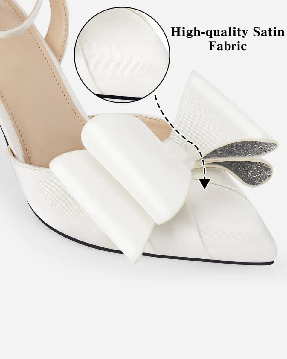 Coutgo Bow Black Heels for Women Rhinestone Closed Toe High Heel Strappy Dress Wedding Bridal Pumps Shoes, Off-white, 6 thumbnail 4
