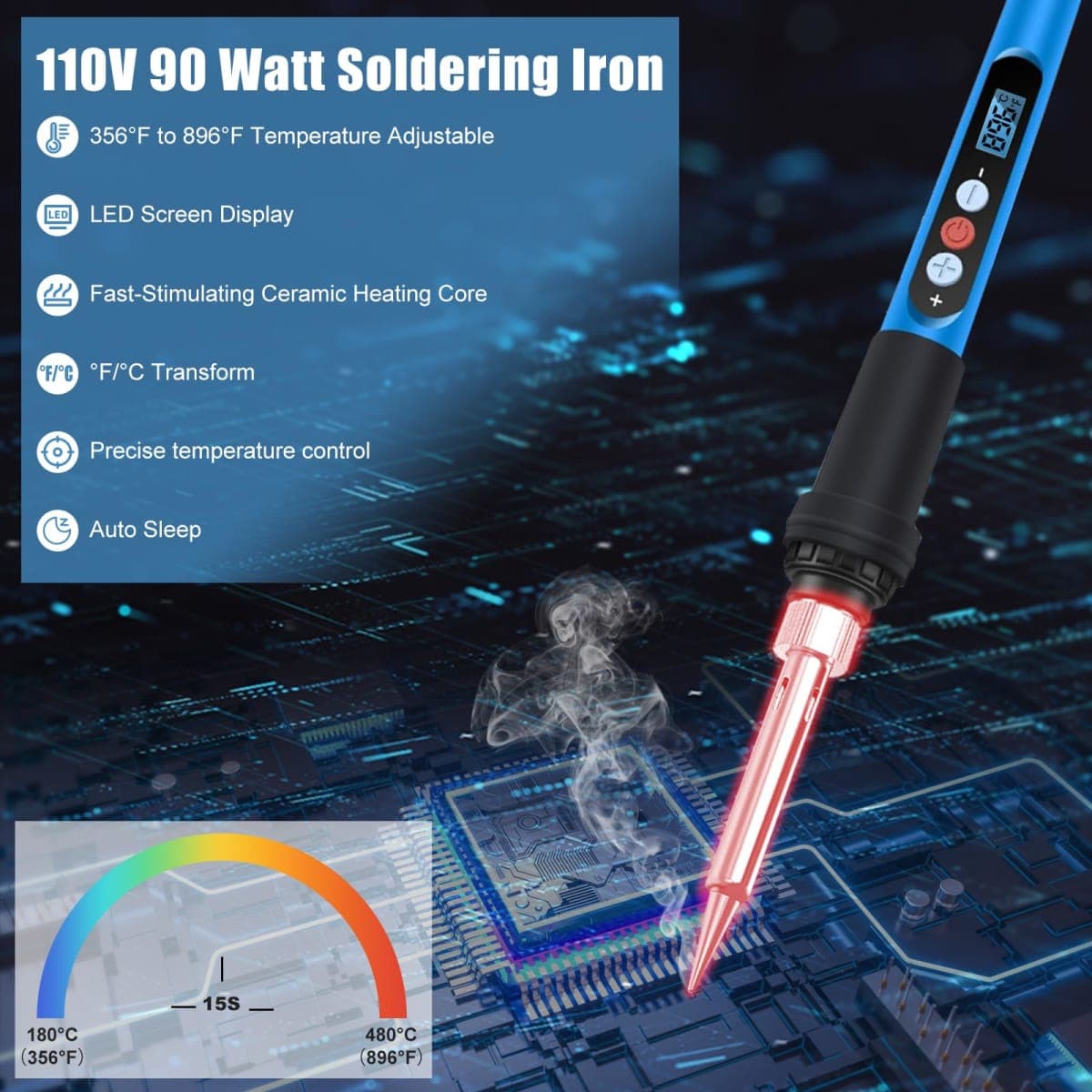 ANBES - Soldering Iron Kit, 90W and 110V Fast Heating LCD Digital Soldering Gun with Ceramic Heater, 10 in 1 Adjustable Temperature Soldering Kit with Sleep Mode thumbnail 2