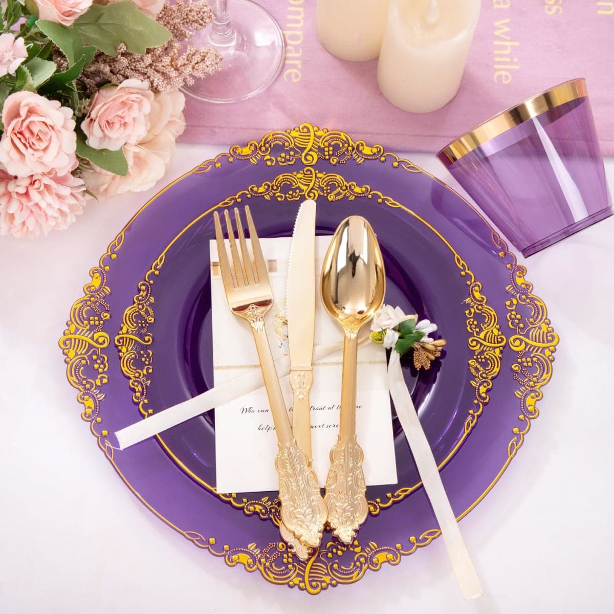 Nervure 175PCS Purple Plastic Plates - Disposable Purple Gold Party Plates & Pre Rolled Napkins with Cutlery for 25 Guests, 50Plates, 75Silverware, 25Cups, 25Napkin for Wedding & Party thumbnail 2