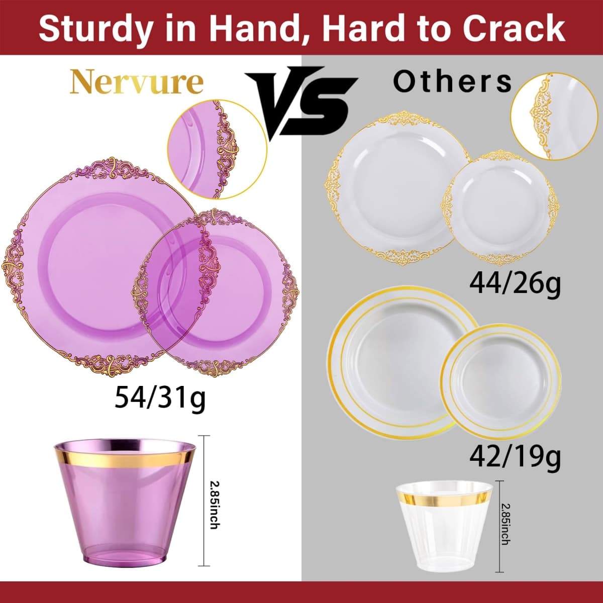Nervure 175PCS Purple Plastic Plates - Disposable Purple Gold Party Plates & Pre Rolled Napkins with Cutlery for 25 Guests, 50Plates, 75Silverware, 25Cups, 25Napkin for Wedding & Party thumbnail 3
