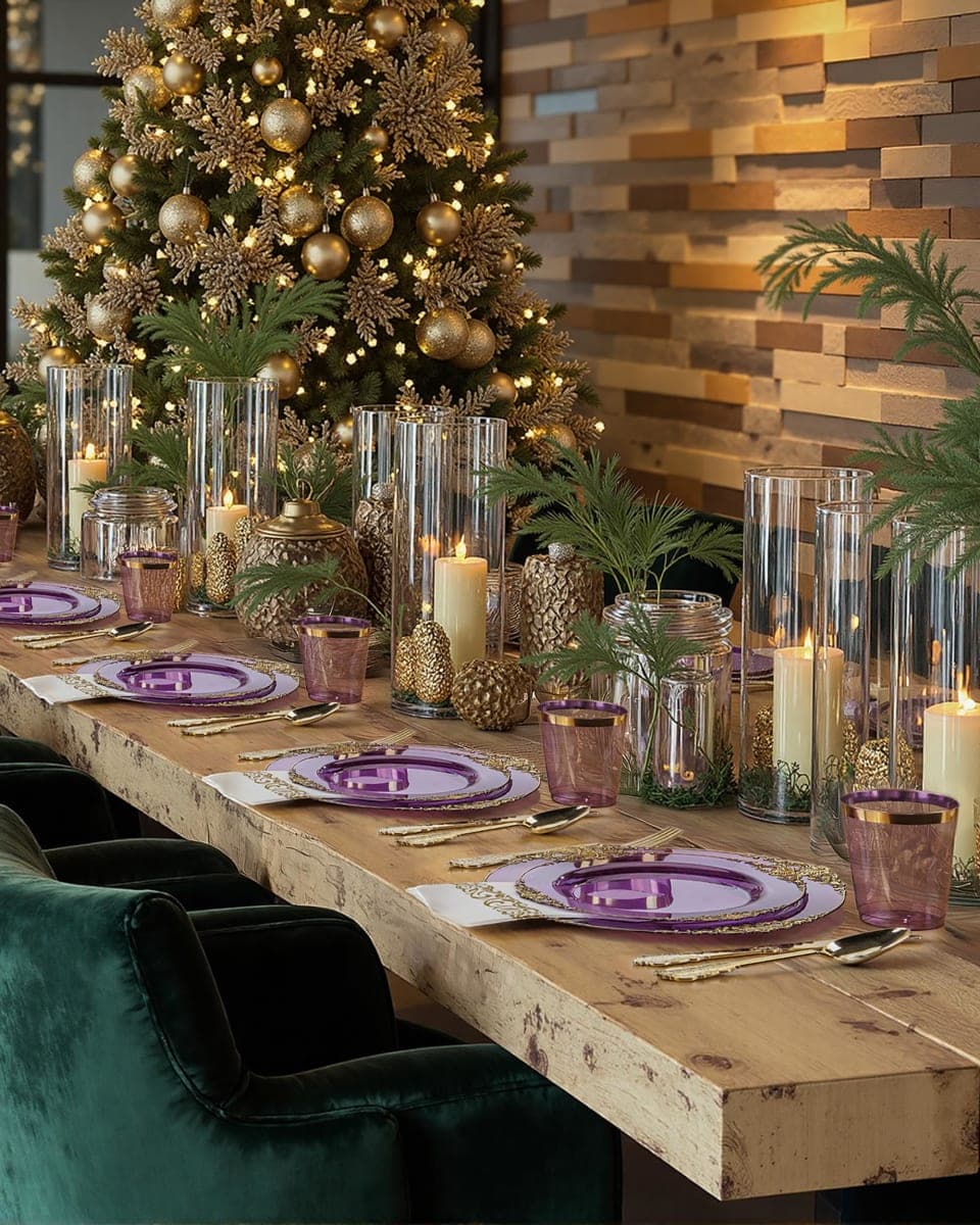 Nervure 175PCS Purple Plastic Plates - Disposable Purple Gold Party Plates & Pre Rolled Napkins with Cutlery for 25 Guests, 50Plates, 75Silverware, 25Cups, 25Napkin for Wedding & Party thumbnail 4