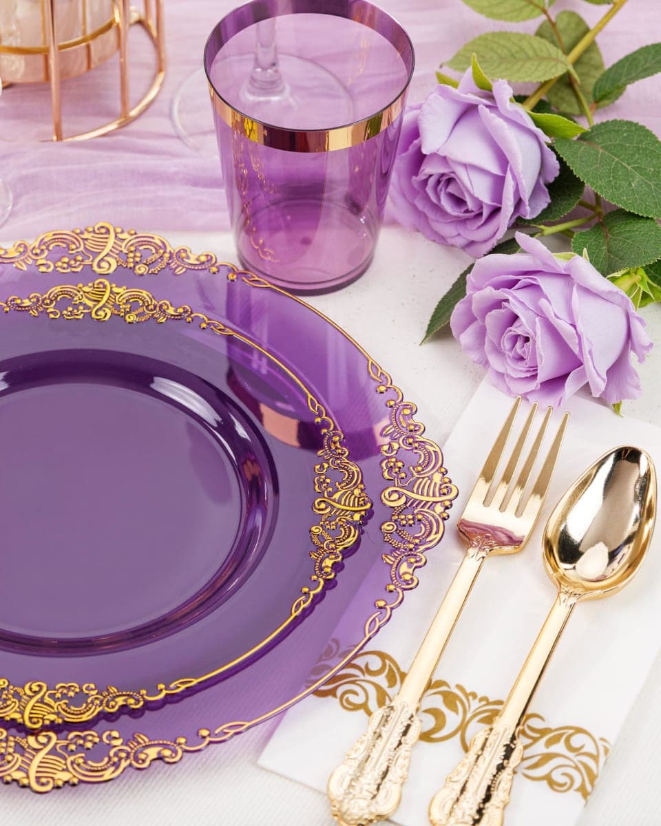 Nervure 175PCS Purple Plastic Plates - Disposable Purple Gold Party Plates & Pre Rolled Napkins with Cutlery for 25 Guests, 50Plates, 75Silverware, 25Cups, 25Napkin for Wedding & Party thumbnail 5