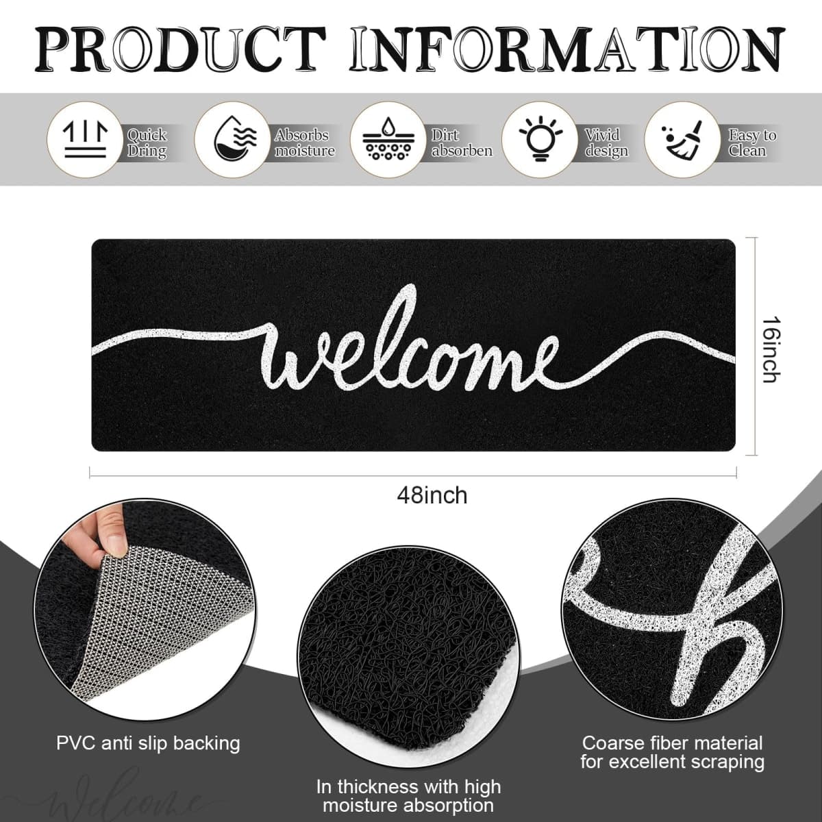 Ninehaoou Long Doormat 48''x16'' Front Door Mat for Entrance Inside Outdoor Large Decorative Door Rug Welcome Mat Runner Rug for Outside Home Entry Step(Welcome,Black) thumbnail 2
