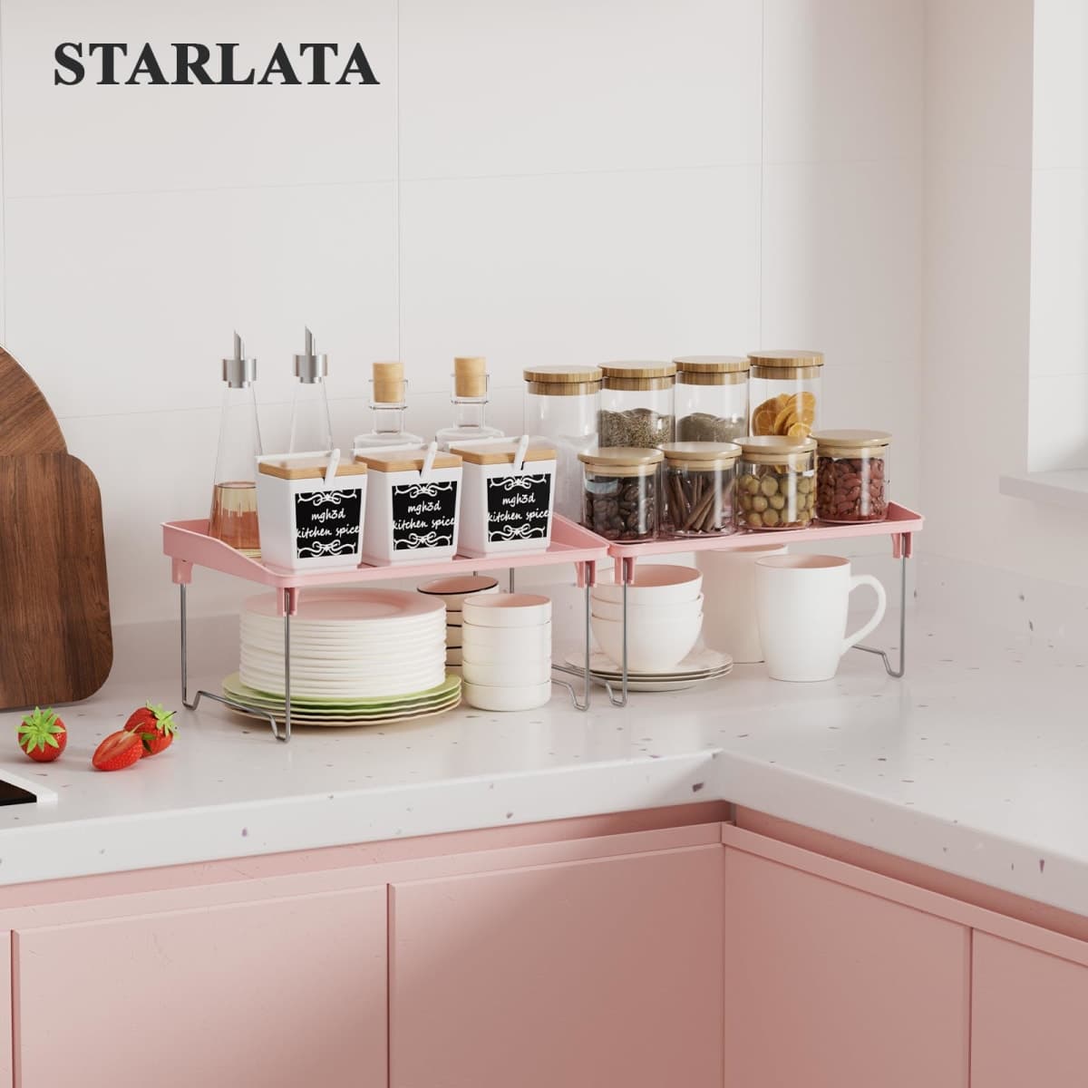 STARLATTA 2 Pcs Cabinet Organizer Shelf，Stackable Kitchen Counter Shelves, Spice Rack,Countertop Organizers，Pink Plastic Storage Shelves Rack for Makeup，Bathroom, Cupboard，Desk，Pantry Organization thumbnail 2