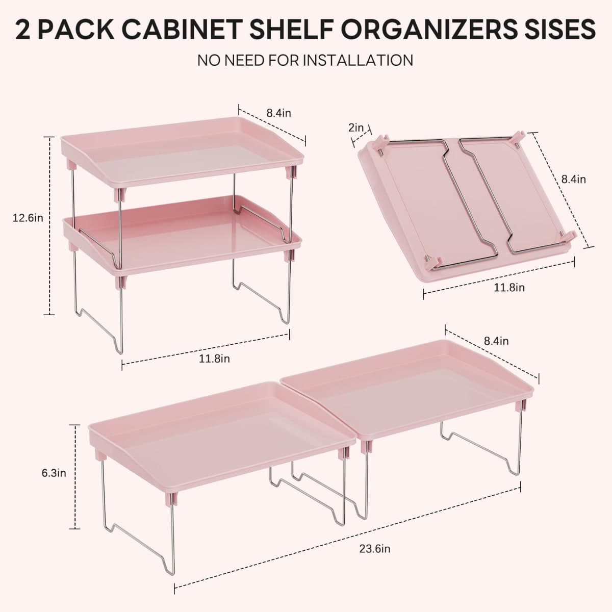 STARLATTA 2 Pcs Cabinet Organizer Shelf，Stackable Kitchen Counter Shelves, Spice Rack,Countertop Organizers，Pink Plastic Storage Shelves Rack for Makeup，Bathroom, Cupboard，Desk，Pantry Organization thumbnail 3