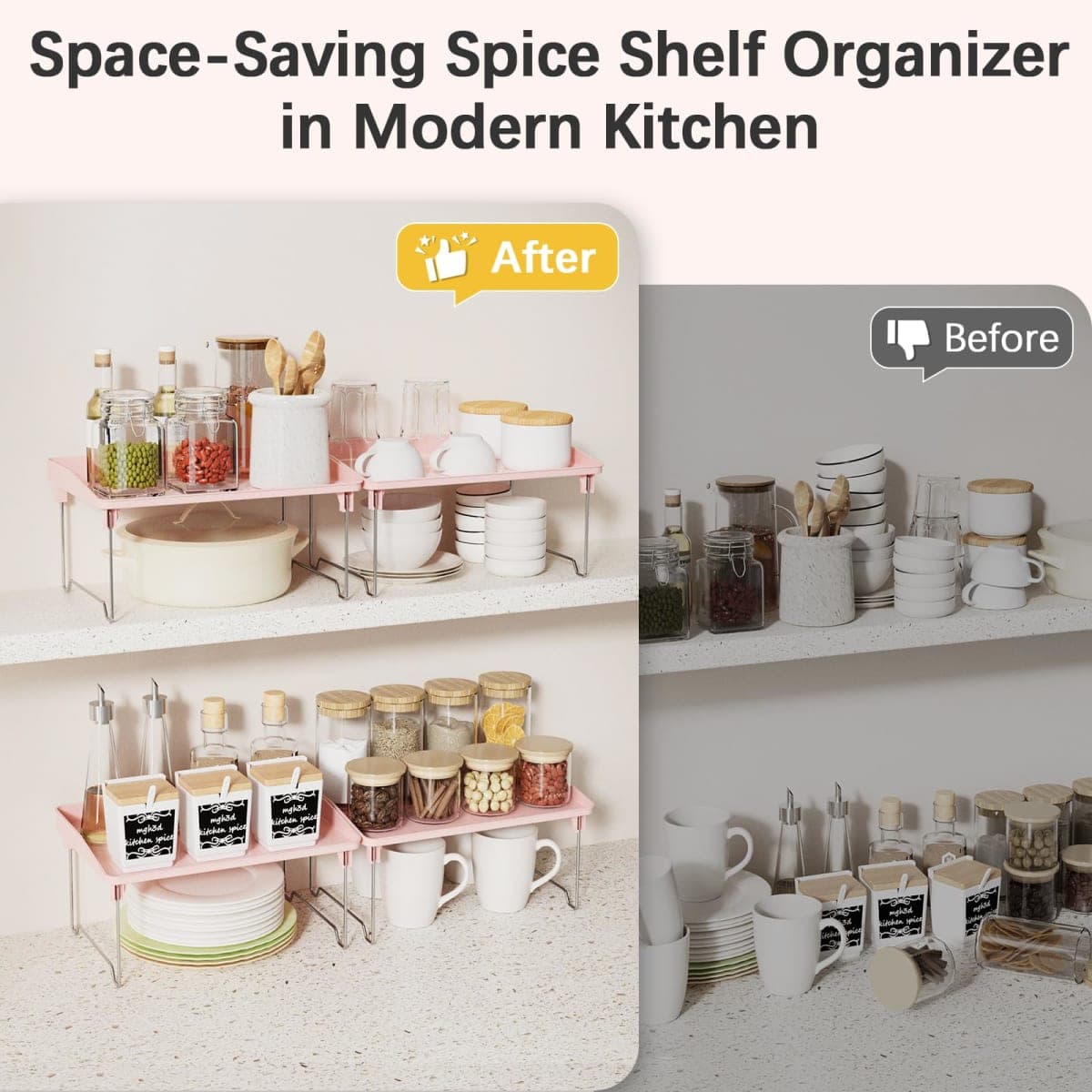 STARLATTA 2 Pcs Cabinet Organizer Shelf，Stackable Kitchen Counter Shelves, Spice Rack,Countertop Organizers，Pink Plastic Storage Shelves Rack for Makeup，Bathroom, Cupboard，Desk，Pantry Organization thumbnail 4