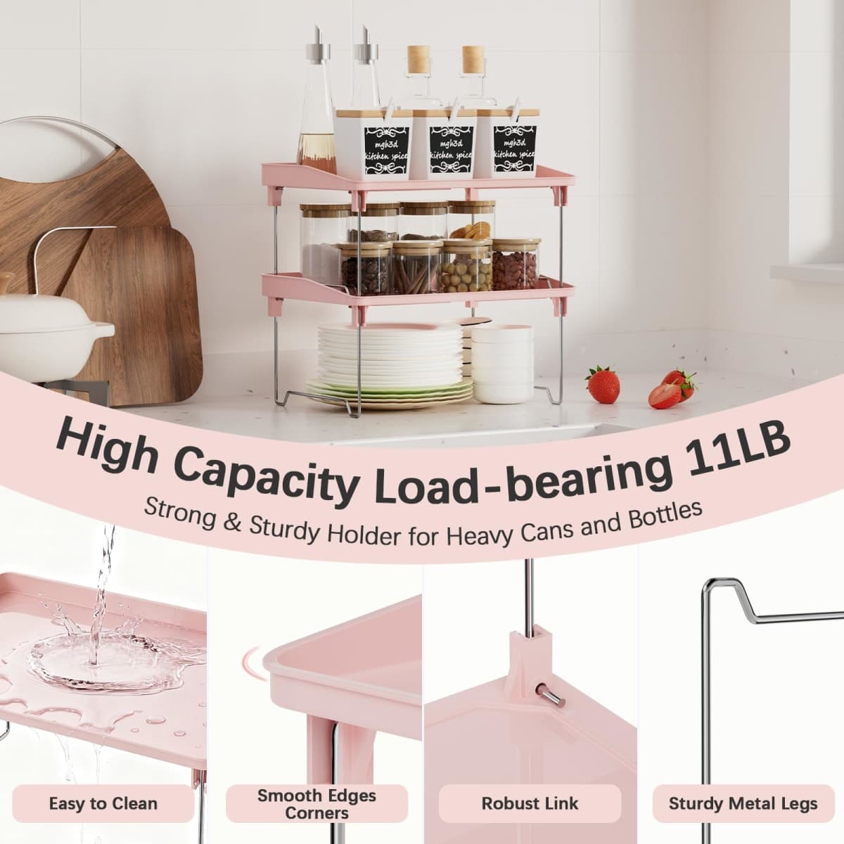 STARLATTA 2 Pcs Cabinet Organizer Shelf，Stackable Kitchen Counter Shelves, Spice Rack,Countertop Organizers，Pink Plastic Storage Shelves Rack for Makeup，Bathroom, Cupboard，Desk，Pantry Organization thumbnail 5