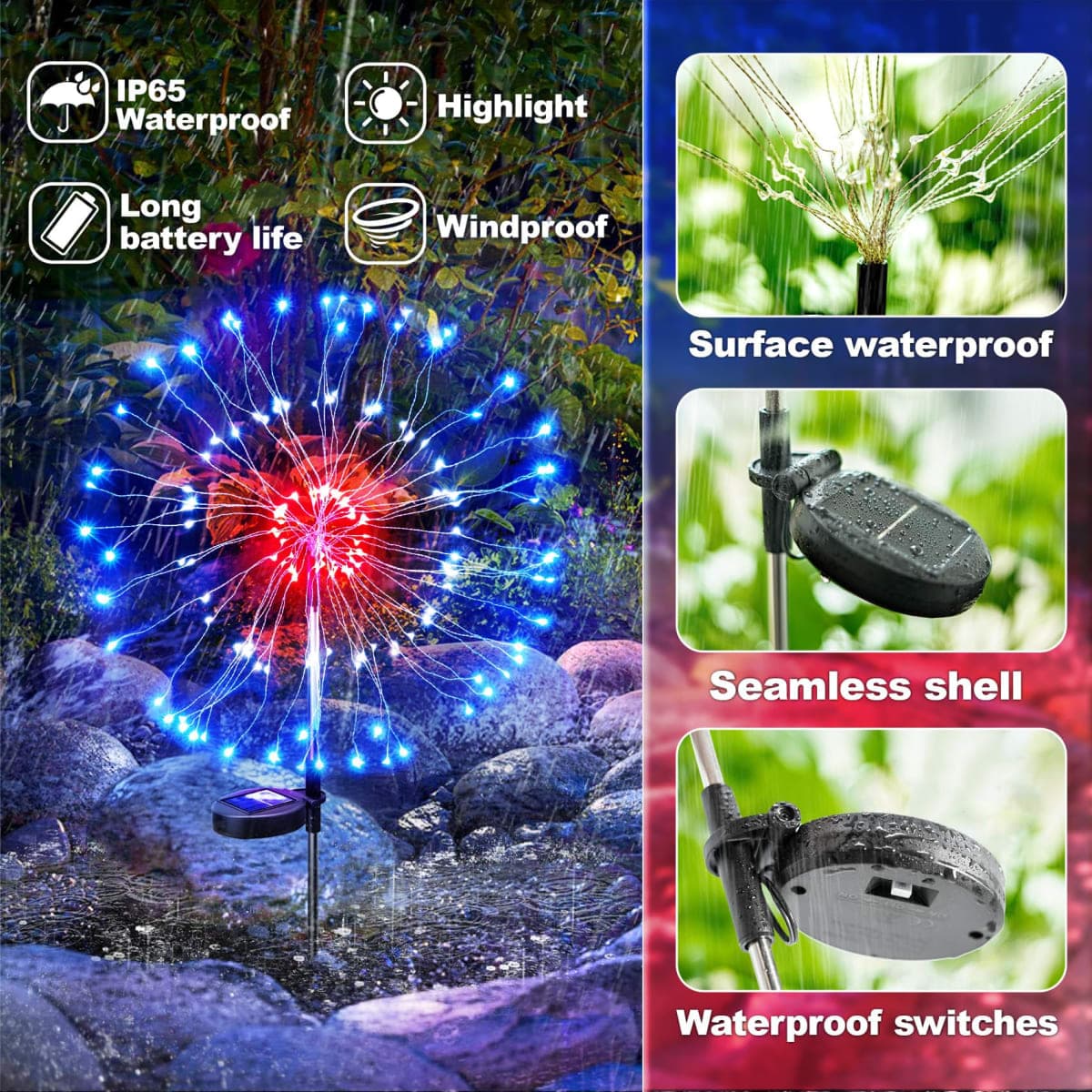 Anordsem Solar Lights Outdoor Waterproof: Garden Light Solar Powered for Yard Outside - LED Sparkler Fireworks Colorful Lighting Patio Decor 6 Pack - Gardening Gifts for Women Men Gardener thumbnail 5