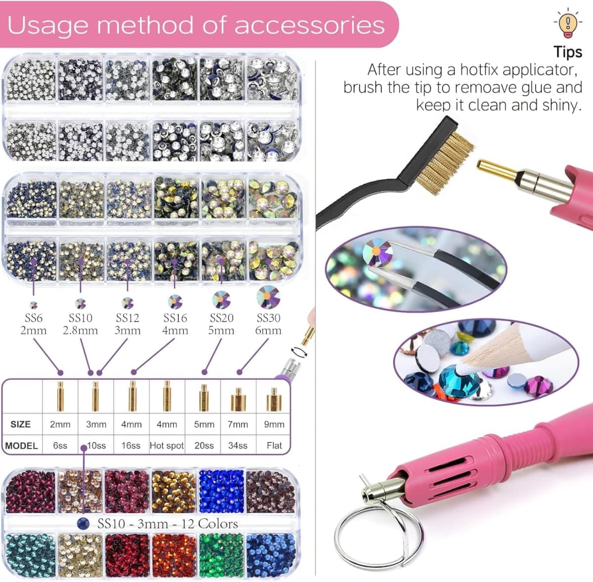 Hotfix Rhinestones Applicator Kit with 4500 Crystals (White, AB, Multi-Color) Includes 19 Pattern Templates, Tweezers, Brush & Storage Bag for Clothes, Fabric, Jeans (Pink) thumbnail 4