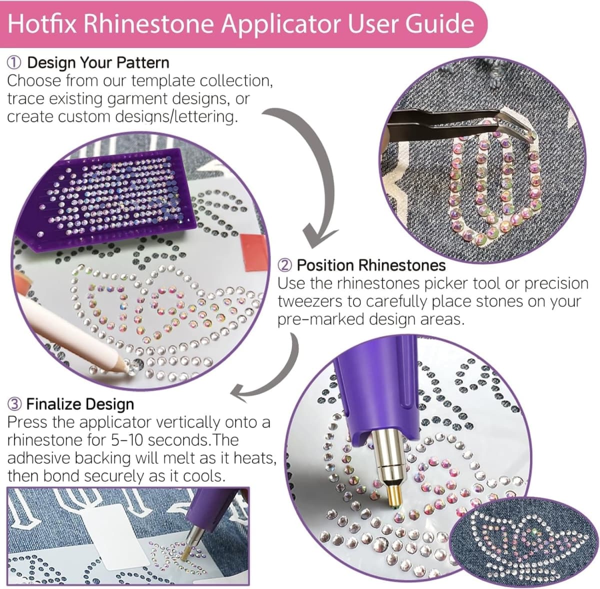 Hotfix Rhinestones Applicator Kit with 4500 Crystals (White, AB, Multi-Color) Includes 19 Pattern Templates, Tweezers, Brush & Storage Bag for Clothes, Fabric, Jeans (Pink) thumbnail 5