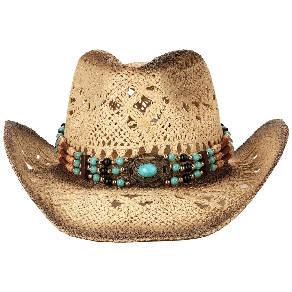 Foeran Men's Women's Straw Cowboy Hat Cowgirl Woven Sun Hat Western Cowboy Hat Two Decorative Bands, Beige-d, One Size thumbnail 2