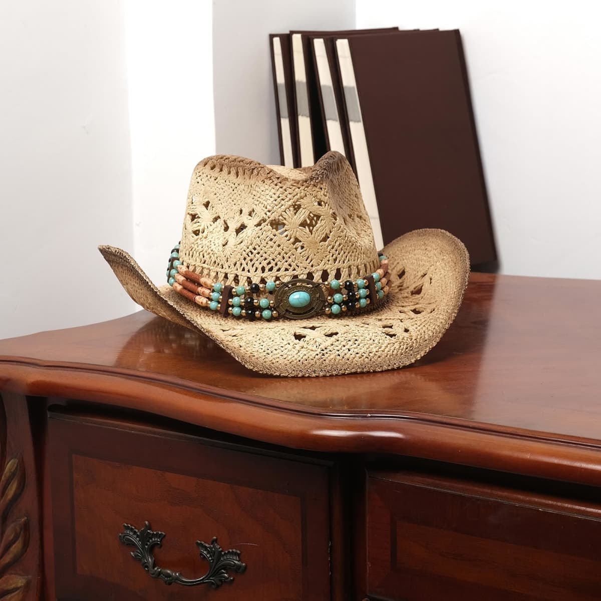 Foeran Men's Women's Straw Cowboy Hat Cowgirl Woven Sun Hat Western Cowboy Hat Two Decorative Bands, Beige-d, One Size thumbnail 4