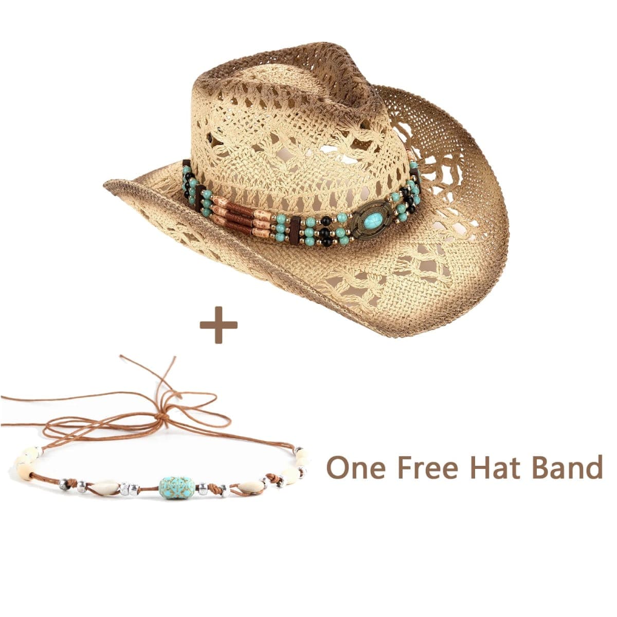 Foeran Men's Women's Straw Cowboy Hat Cowgirl Woven Sun Hat Western Cowboy Hat Two Decorative Bands, Beige-d, One Size thumbnail 5