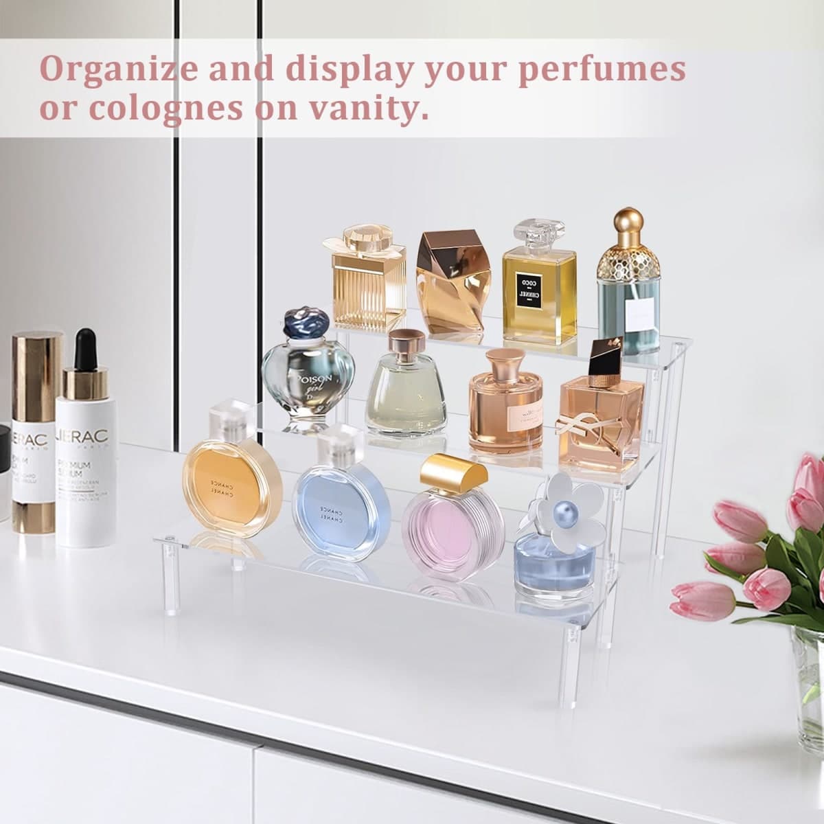 Acrylic Riser,Clear Display Risers Stand Perfume Organizer Cologne Acrylic Shelves 3 Tiered Cupcake Shelf for Amiibo Funko POP Figures Food Desserts Holder Collection Cosmetic Vendor Product thumbnail 5