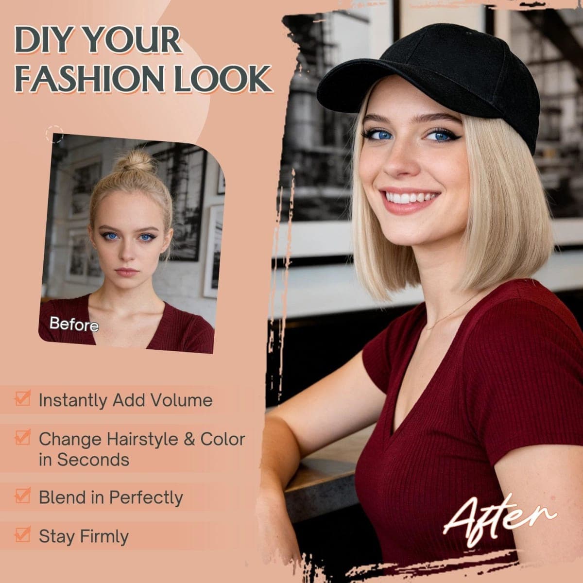 Benehair Hat Wig Extensions, Baseball Cap with Synthetic Hair Attached, Adjustable Wig Hairpieces for Women Daily Outdoor, 6 Inch Short Straight Brown Mix Blonde Hair with Green Cap thumbnail 2