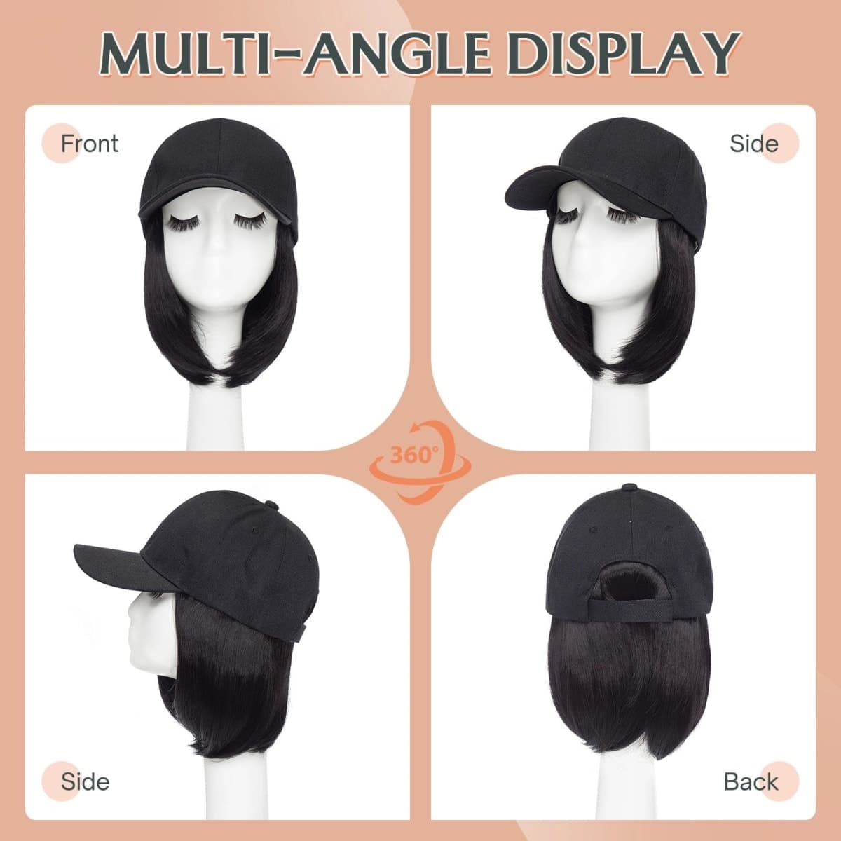 Benehair Hat Wig Extensions, Baseball Cap with Synthetic Hair Attached, Adjustable Wig Hairpieces for Women Daily Outdoor, 6 Inch Short Straight Brown Mix Blonde Hair with Green Cap thumbnail 3