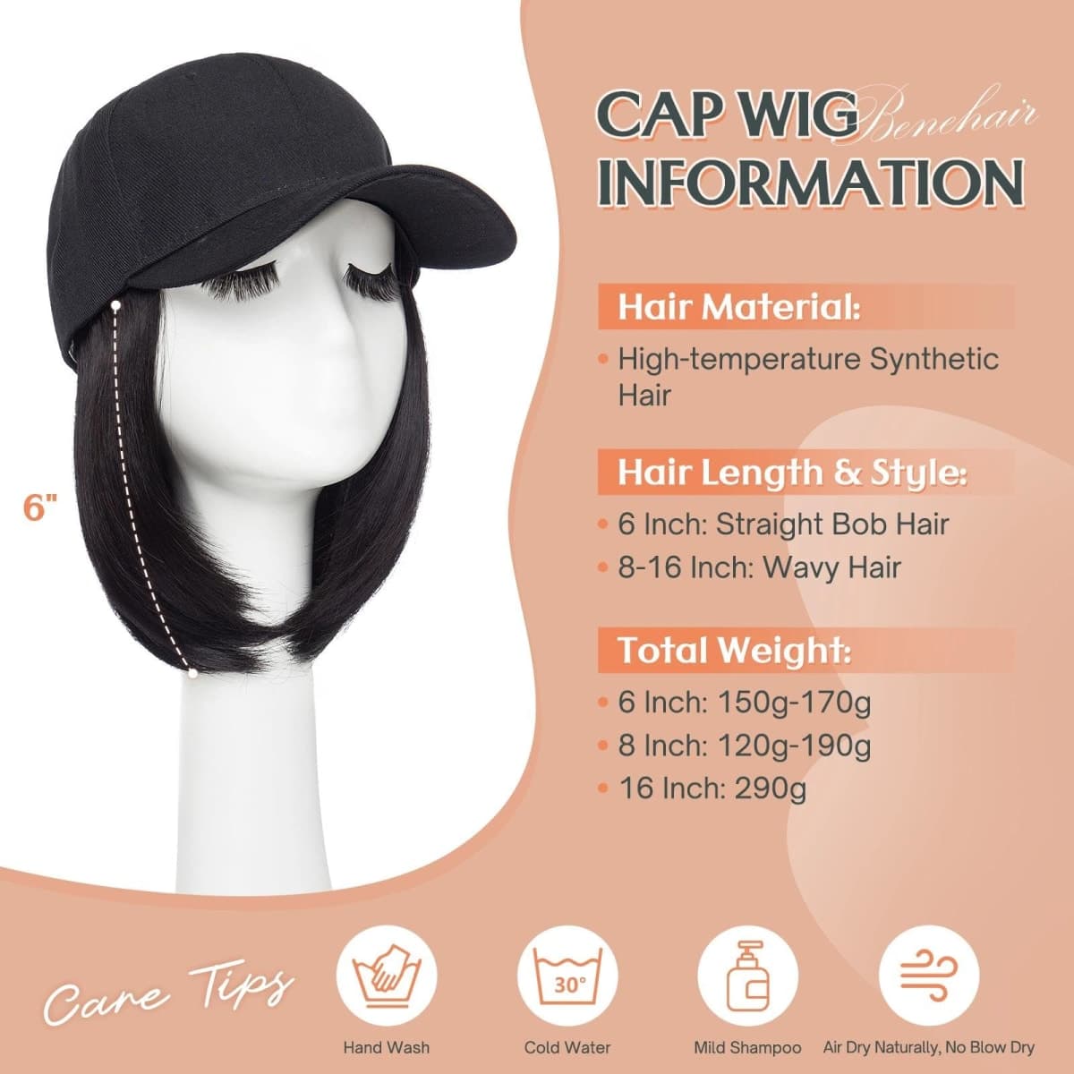 Benehair Hat Wig Extensions, Baseball Cap with Synthetic Hair Attached, Adjustable Wig Hairpieces for Women Daily Outdoor, 6 Inch Short Straight Brown Mix Blonde Hair with Green Cap thumbnail 4